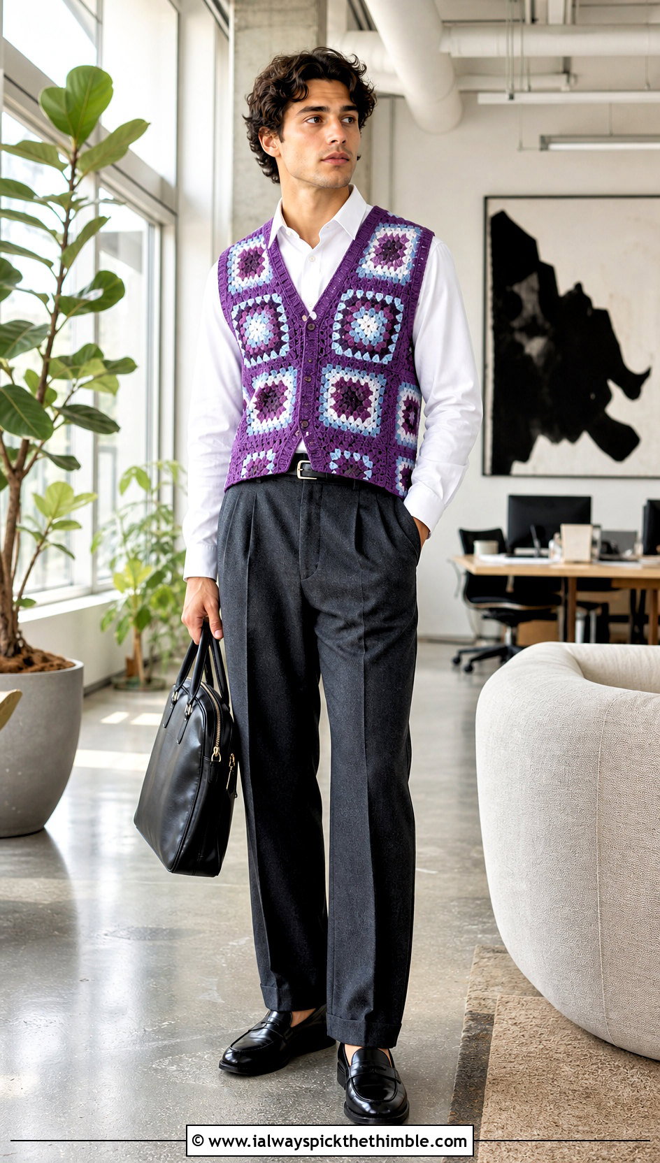 Button Front Granny Square Vest With Pleated Suit Trousers - 20 crochet granny square mens vest outfit ideas