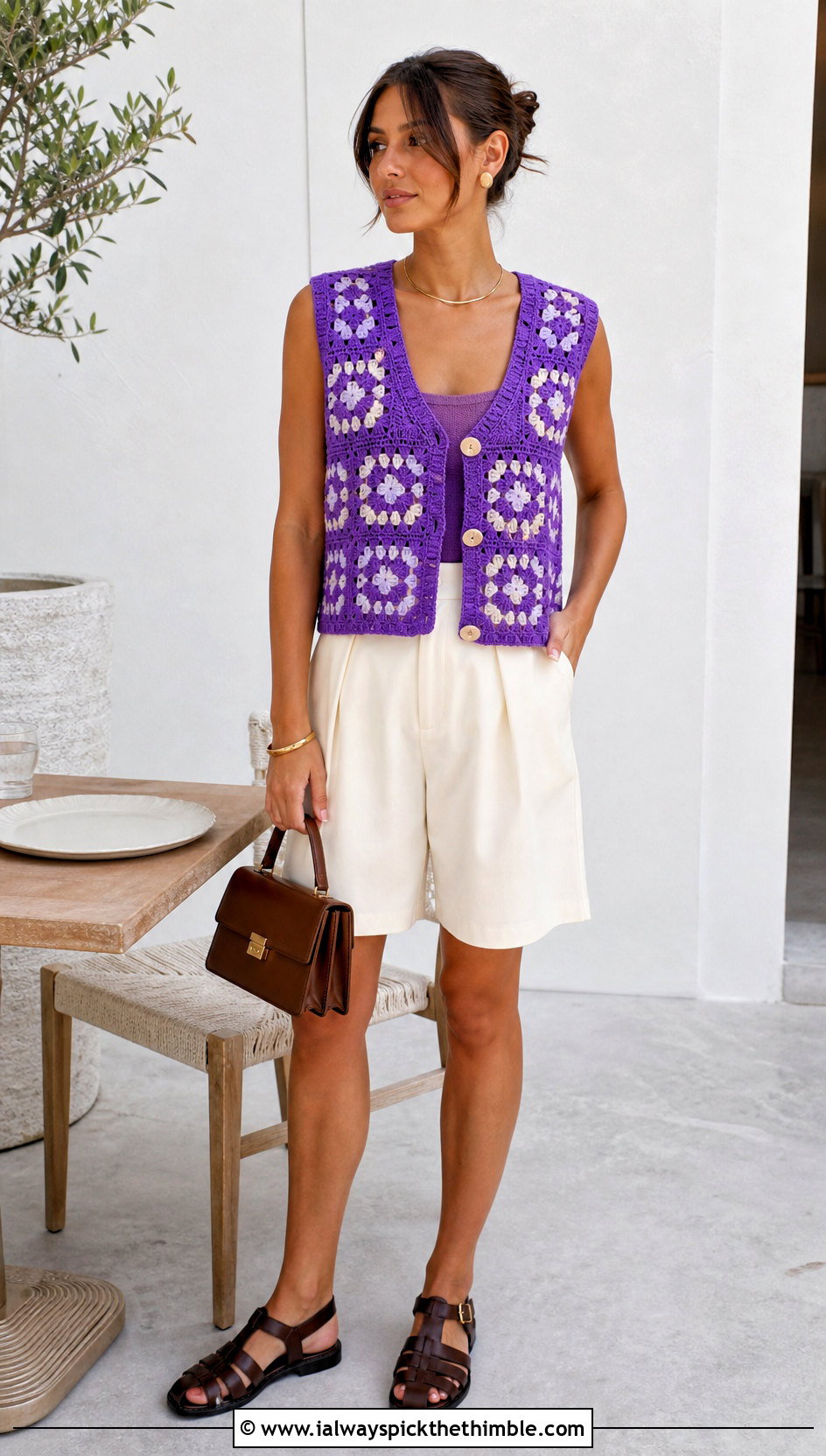 Button Front Granny Square Vest With Tailored Shorts - 15 Crochet Granny Square Vest outfit ideas