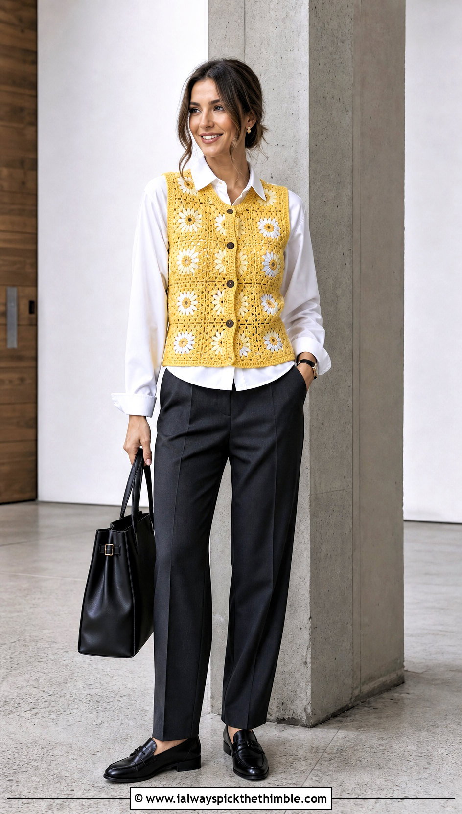 Button Front Granny Square Vest With Tailored Trousers - 25 granny square vest outfit ideas