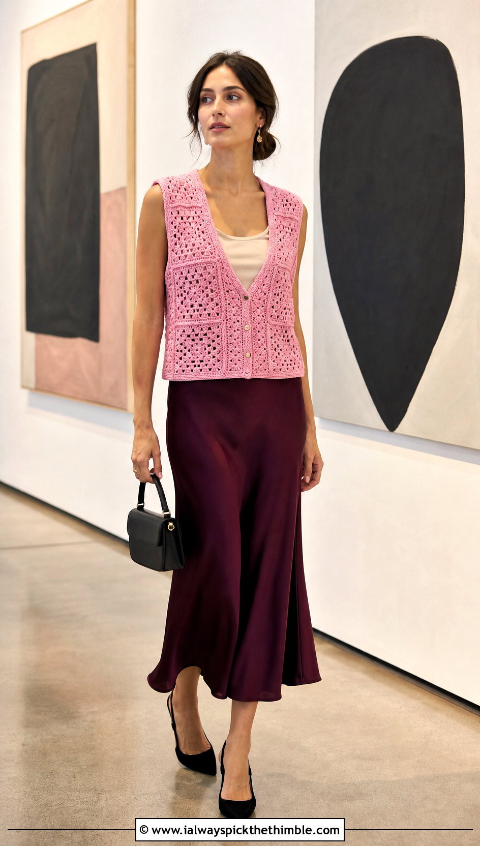 Button Front Granny Square Vest With a Slip Skirt - 20 Granny Squares Vest outfit ideas
