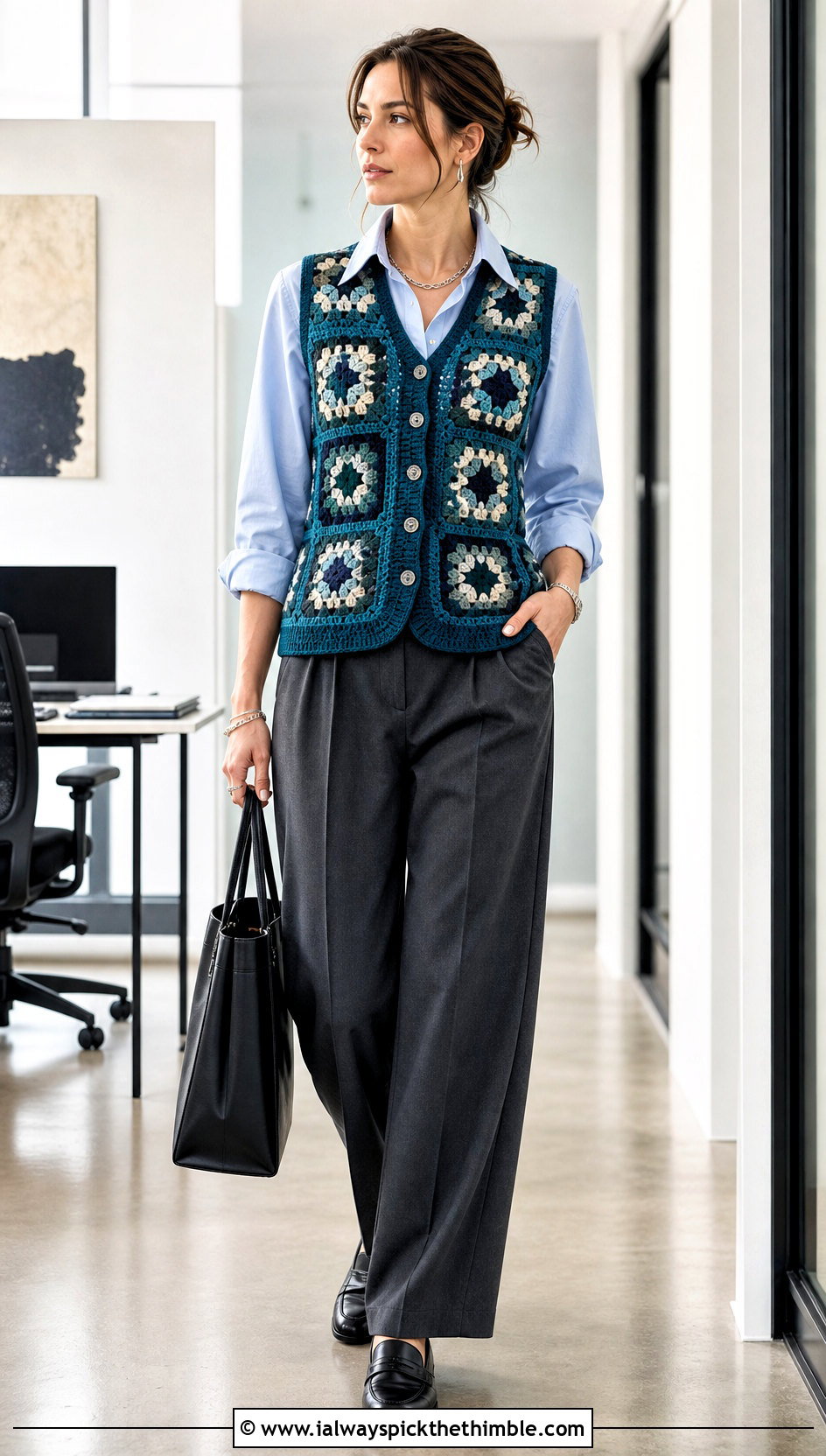 Button Front Granny Square Waistcoat With Tailored Trousers - 25 granny square waistcoat outfit ideas