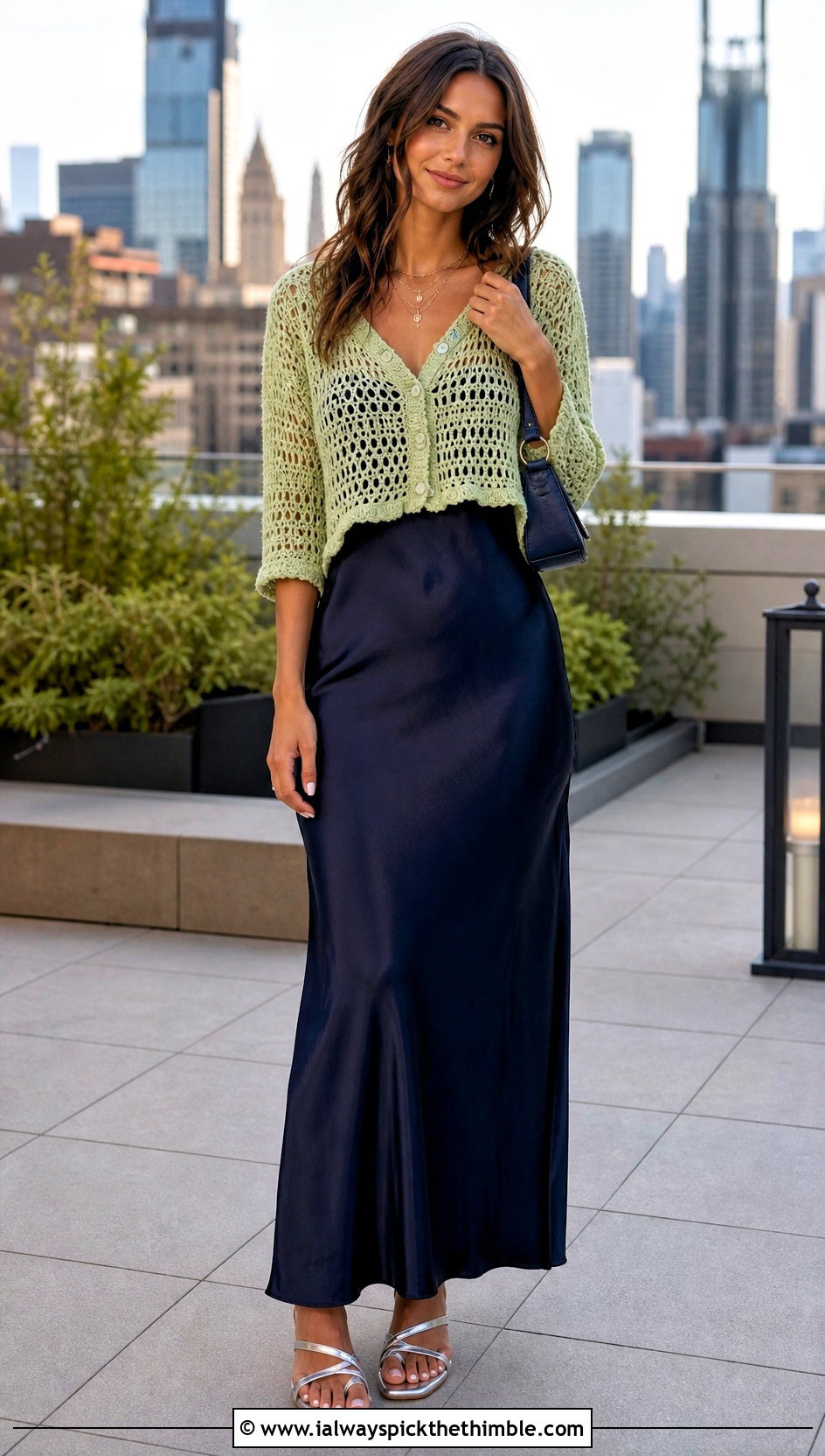 Button Front Green Crochet Blouse Over A Slip Dress - 15 green crochet blouse design outfit ideas