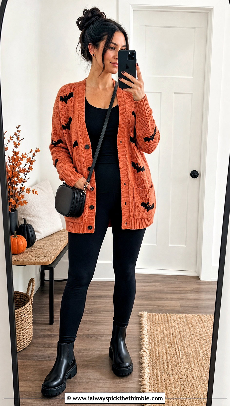 Button Front Halloween Crochet Cardigan With Leggings - 20 halloween crochet cardigan outfit ideas