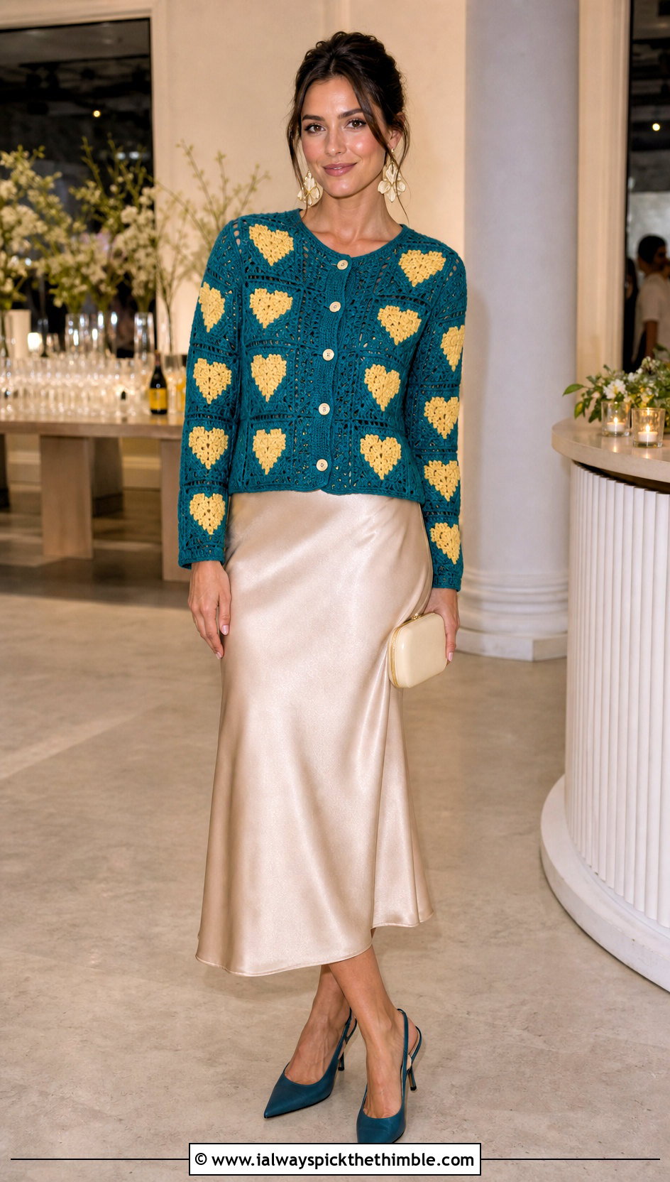 Button Front Heart Granny Square Cardigan With Satin Midi Skirt - 25 Heart Granny Square Cardigan outfit ideas