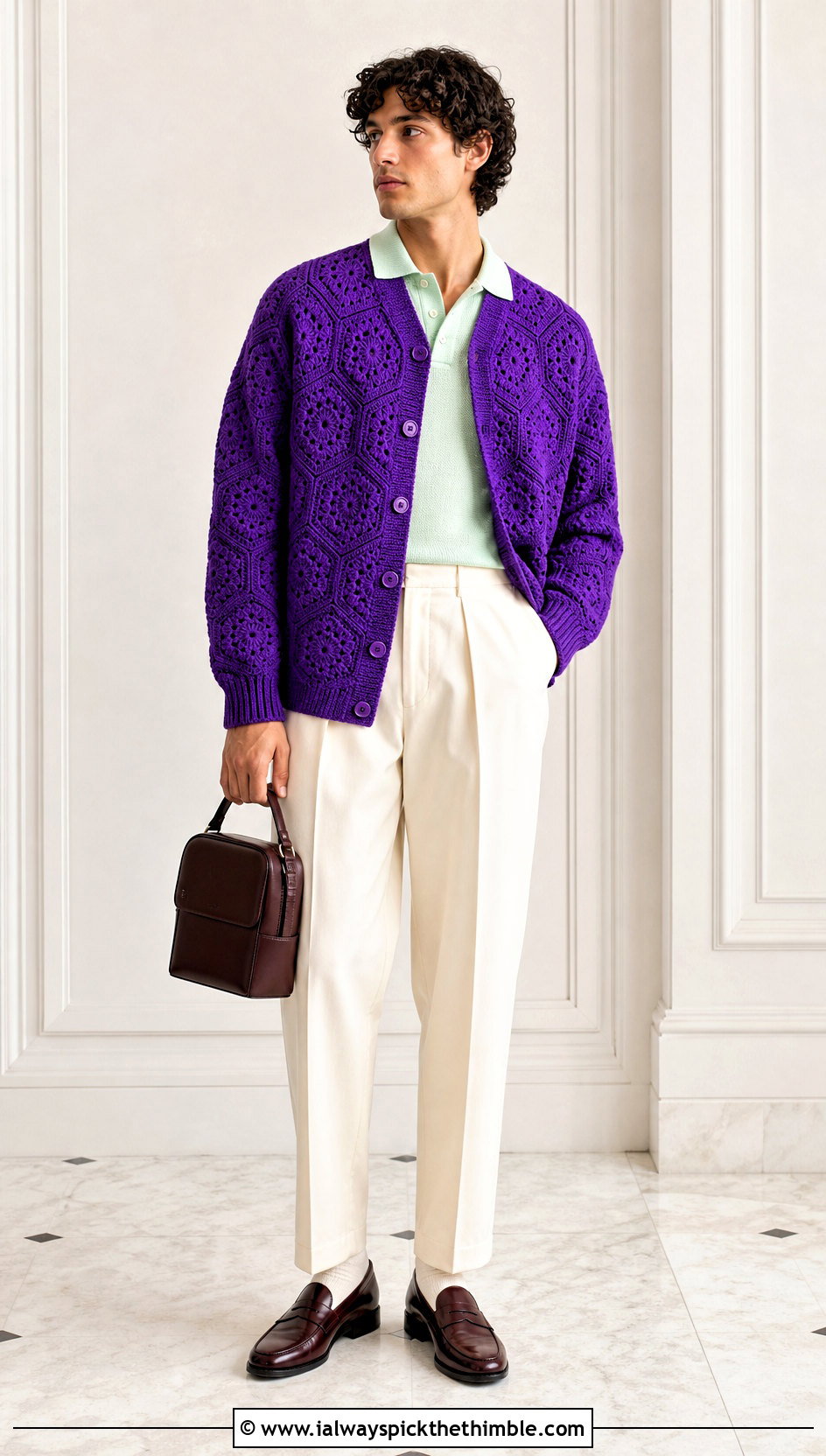 Button Front Hexagon Cardigan With Knit Polo - 25 men hexagon crochet cardigan outfit ideas
