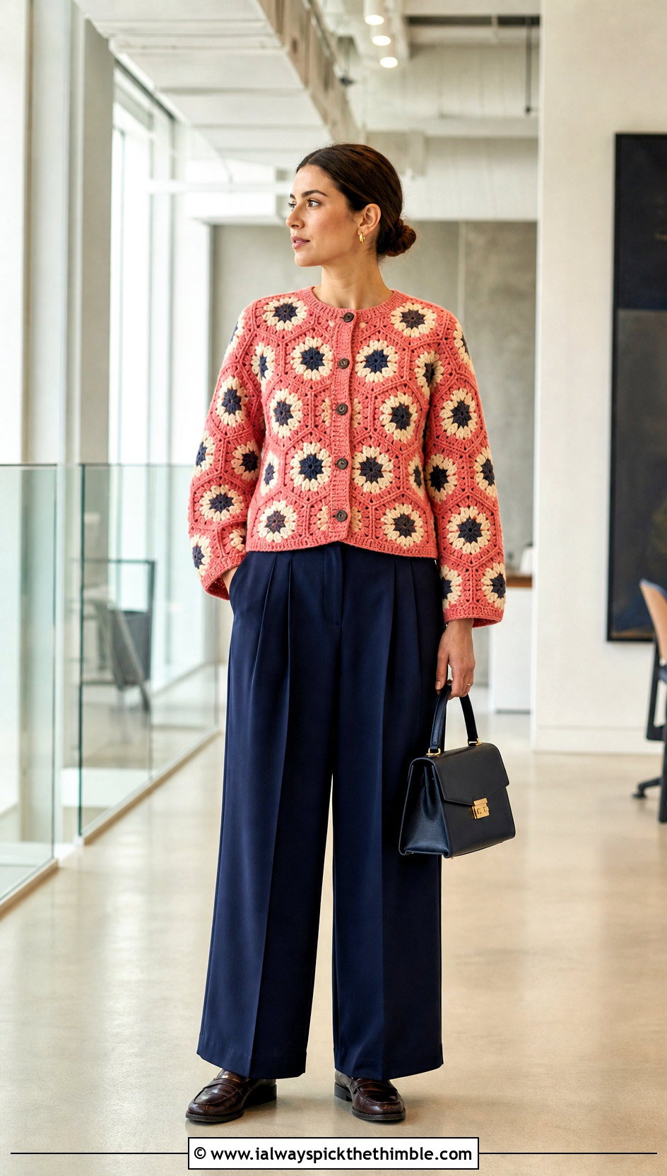 Button Front Hexagon Granny Square Cardigan With Pleated Pants - 25 hexagon granny square sweater outfit ideas