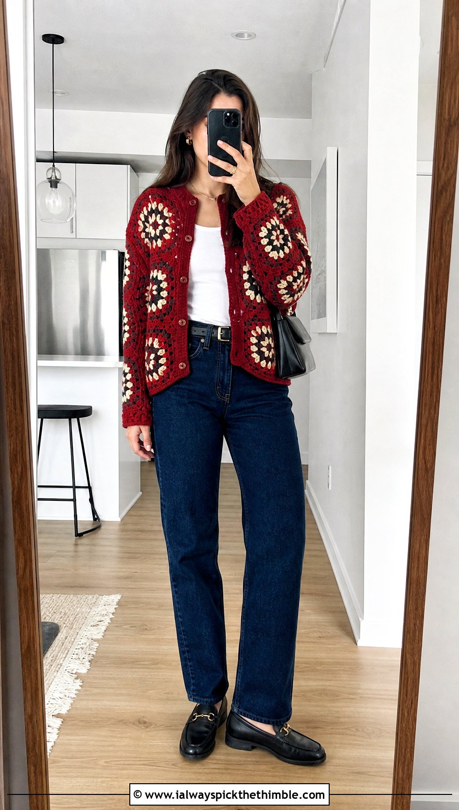 Button Front Hexagon Granny Square Cardigan With Straight Leg Jeans - 25 hexagon granny square cardigan outfit ideas