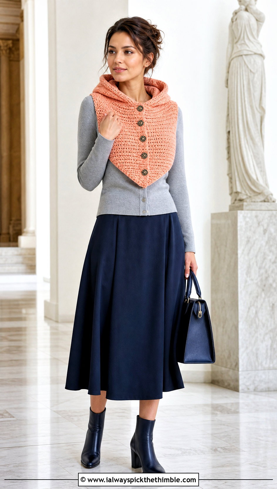 Button Front Hooded Cowl Scarf With Cardigan And Midi Skirt - 20 crochet scarf hood outfit ideas