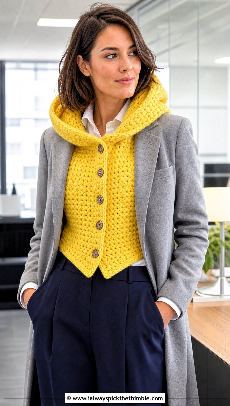 Button Front Hooded Cowl Scarf With Office Trousers - 20 crochet scarf with hood outfit ideas