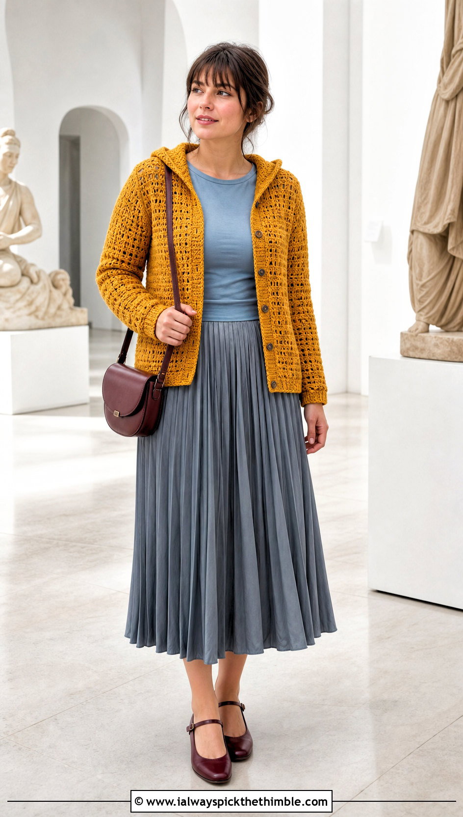 Button Front Hooded Crochet Cardigan With Pleated Skirt - 25 hooded crochet cardigan outfit ideas