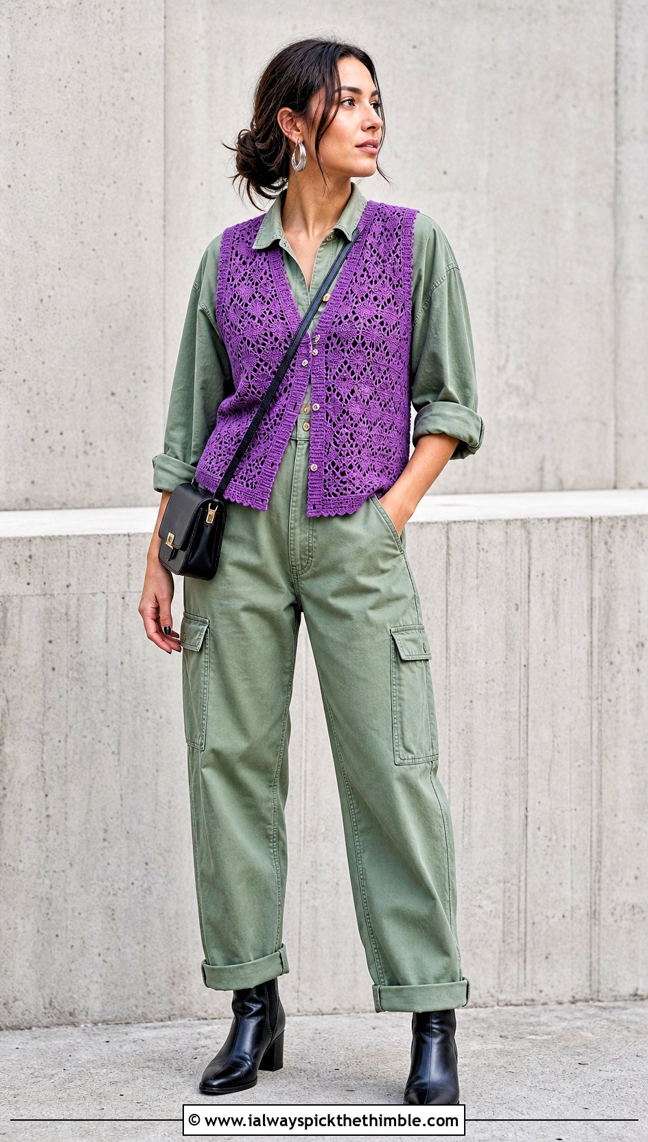 Button Front Lace Crochet Vest With a Utility Jumpsuit - 20 Lacy Crochet Vest outfit ideas