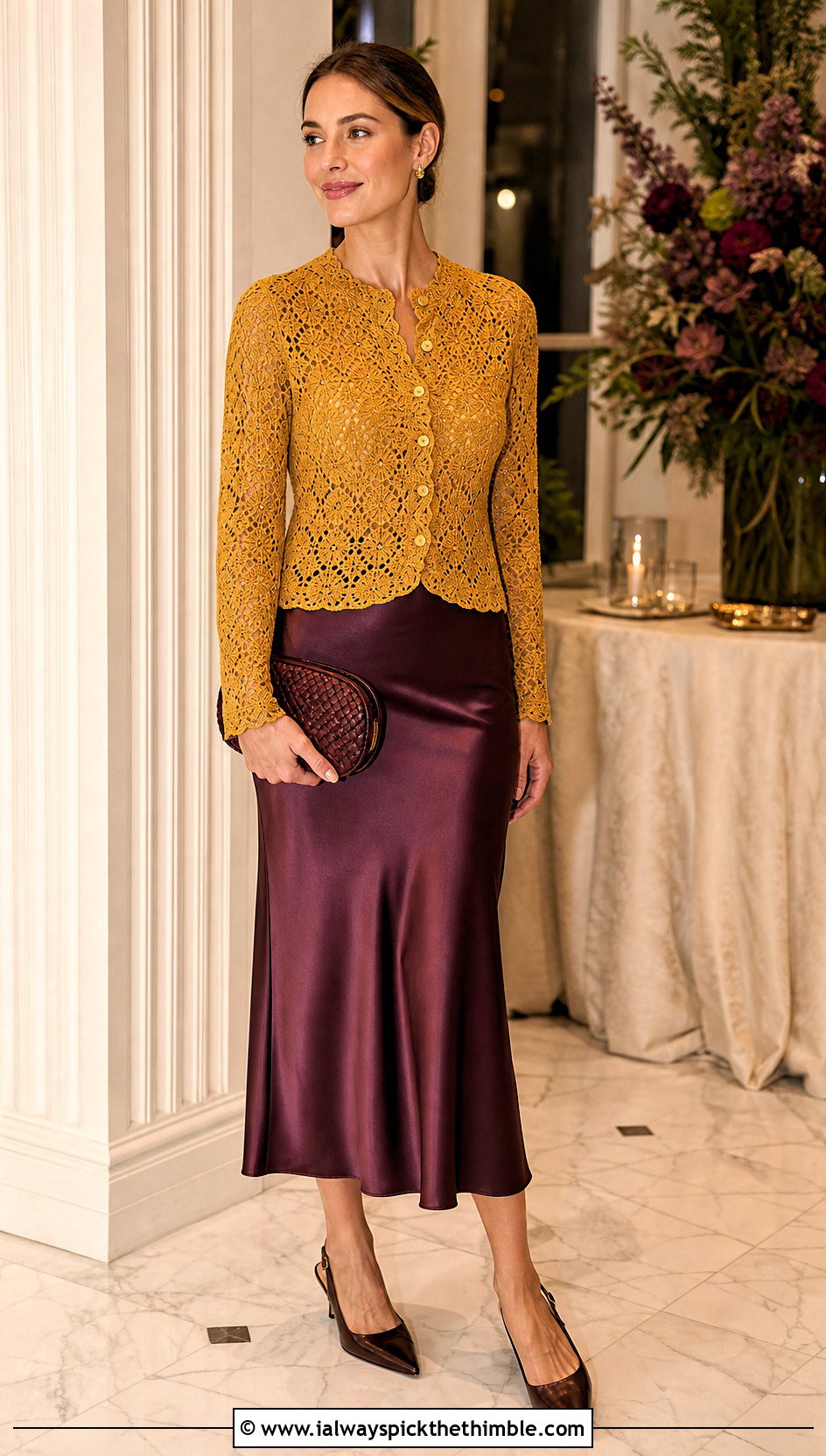 Button Front Lace Gold Crochet Cardigan With Satin Midi Skirt - 15 gold crochet cardigan outfit ideas