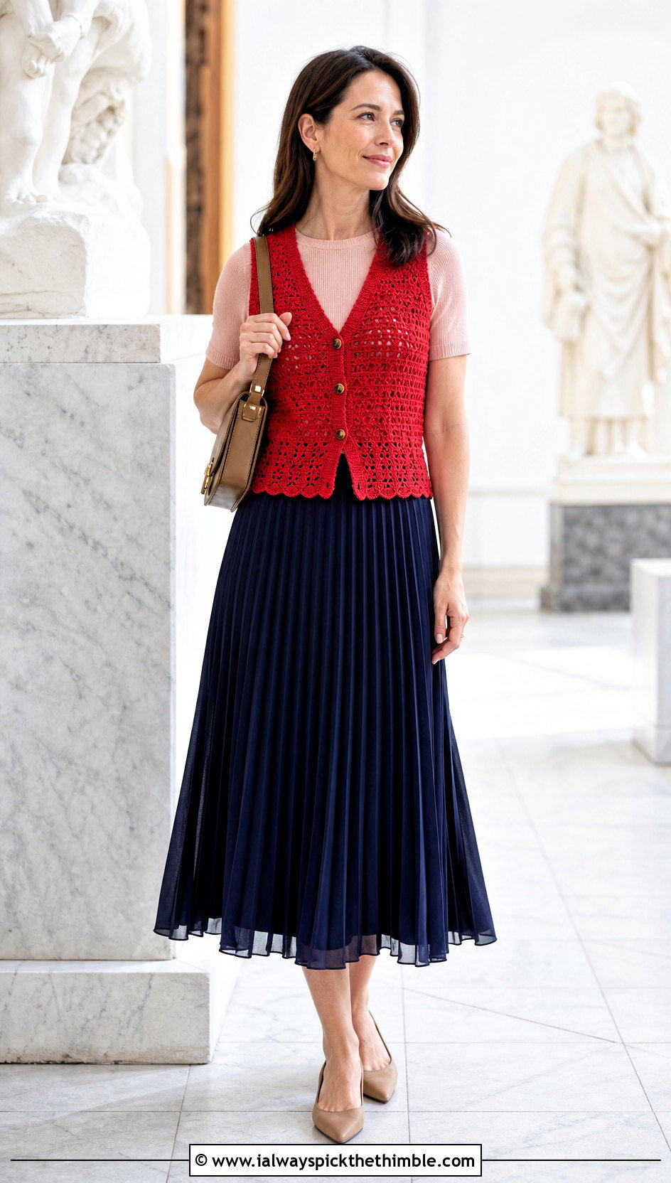 Button Front Livingstone Crochet Vest With Pleated Midi Skirt - 15 livingstone crochet vest outfit ideas