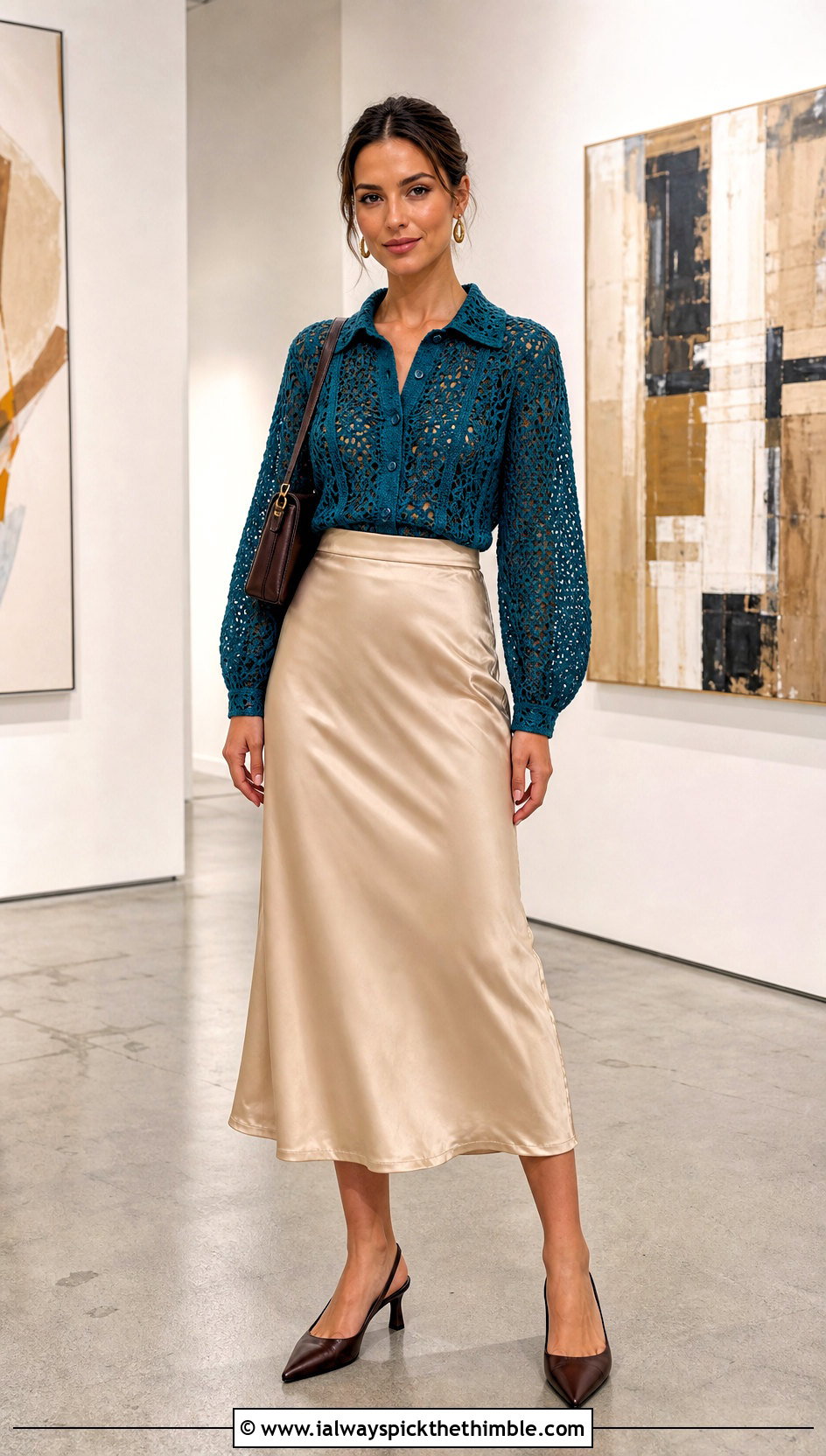 Button Front Long Sleeve Crochet Blouse With Satin Midi Skirt - 15 Long Sleeve Crochet Blouse outfit ideas