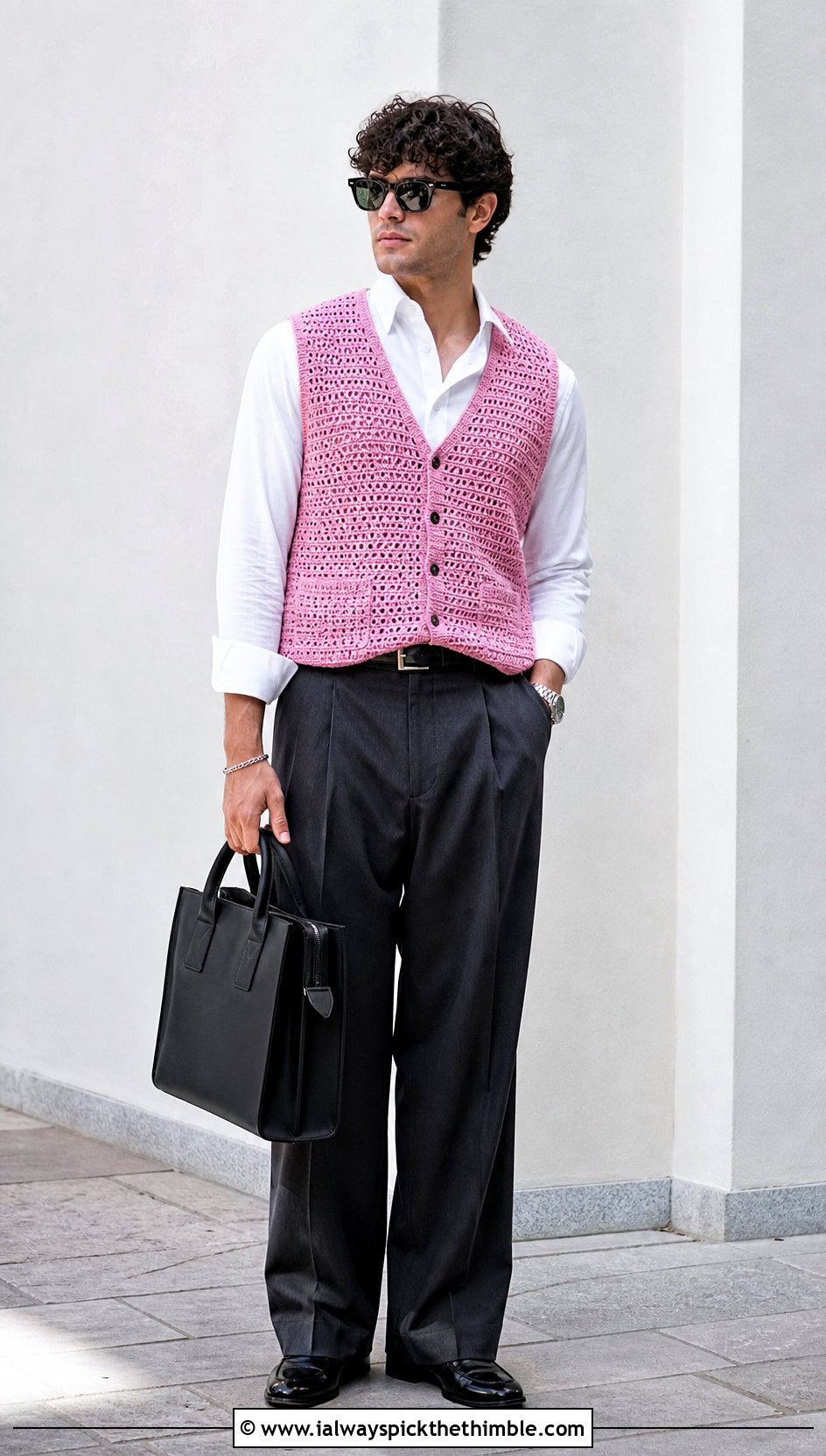 Button Front Mens Crochet Waistcoat With Wide Leg Trousers - 20 men's crochet vest outfit ideas