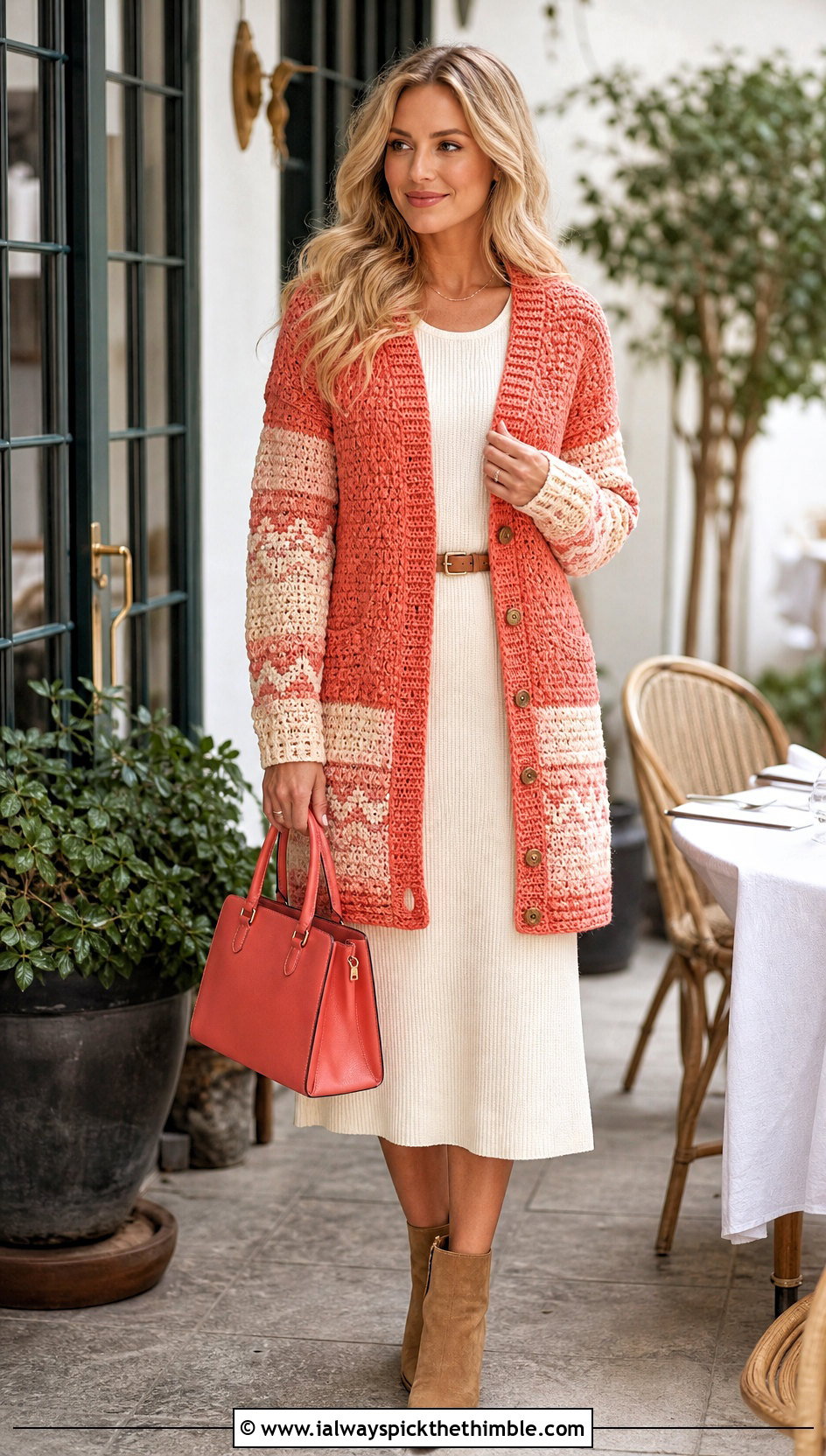 Button Front Nordic Crochet Sweater With Midi Dress - 20 nordic crochet sweater outfit ideas