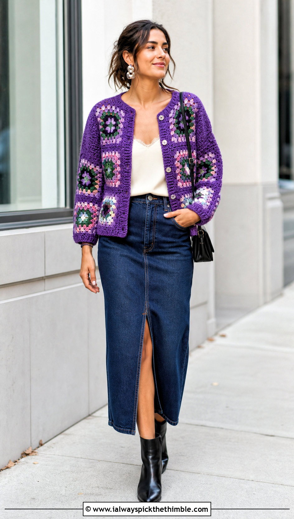 Button Front One Granny Square Cardigan With Denim Midi Skirt - 20 One Granny Square Cardigan outfit ideas
