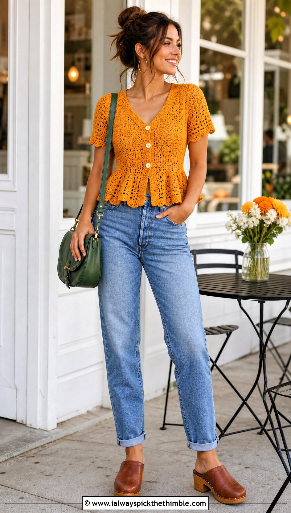 Button Front Peplum Crochet Top With Mom Jeans - 25 peplum crochet top outfit ideas