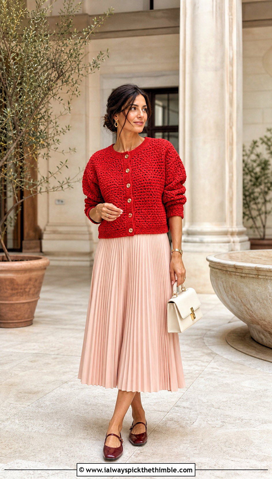 Button Front Puffy Crochet Cardigan With Pleated Midi Skirt - 20 puffy crochet cardigan outfit ideas