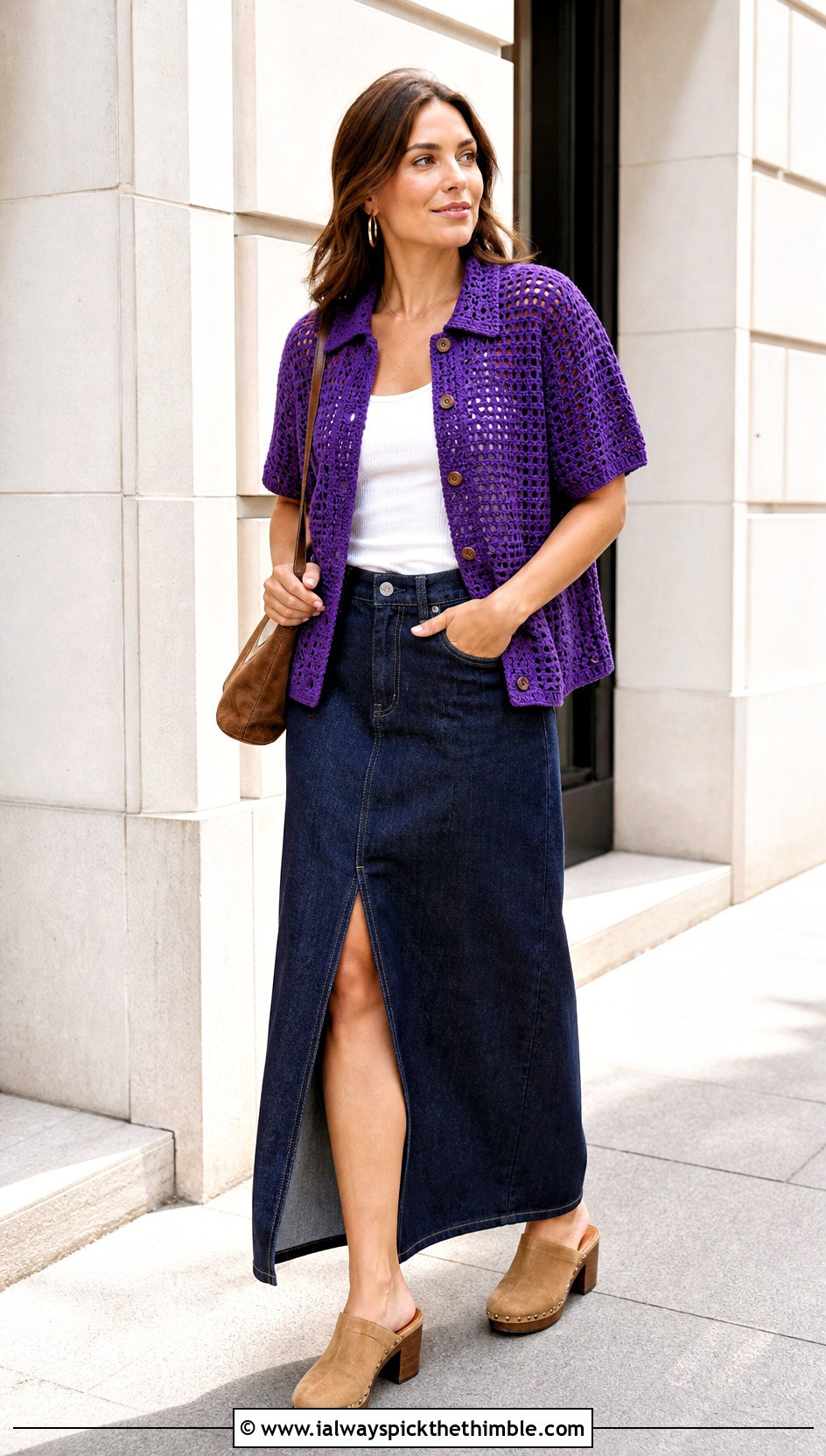 Button Front Relaxagon Crochet Shirt With Denim Maxi Skirt - 20 crochet relaxagon shirt outfit ideas