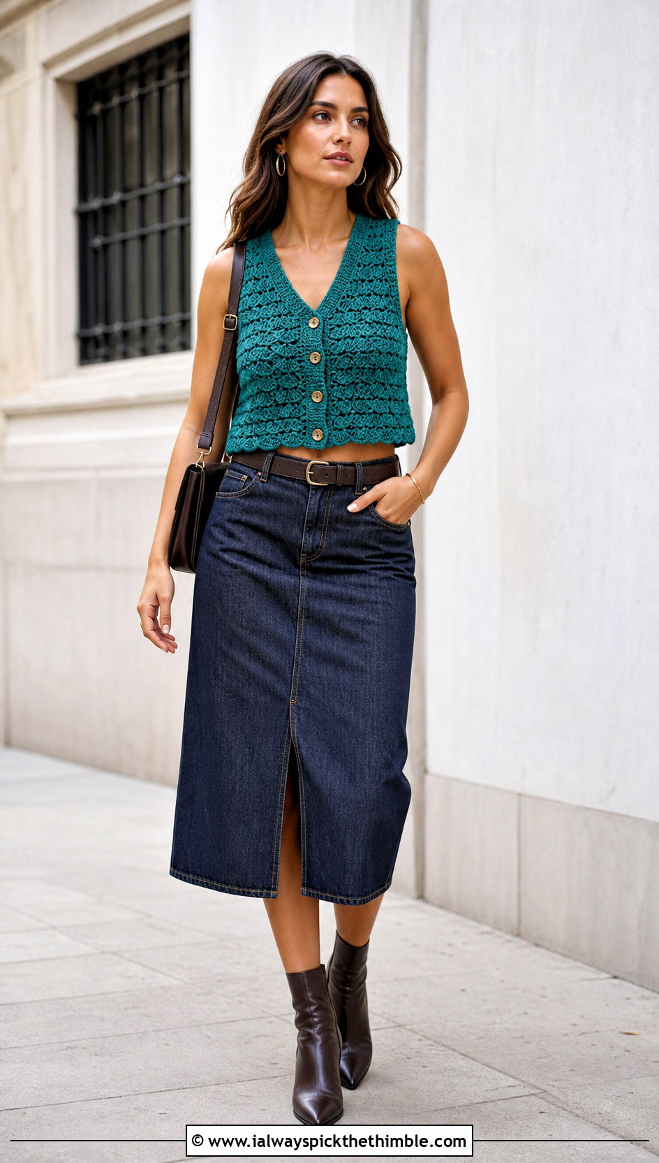 Button Front Shell Stitch Crochet Crop Vest With Denim Midi Skirt - 20 crochet crop vest outfit ideas