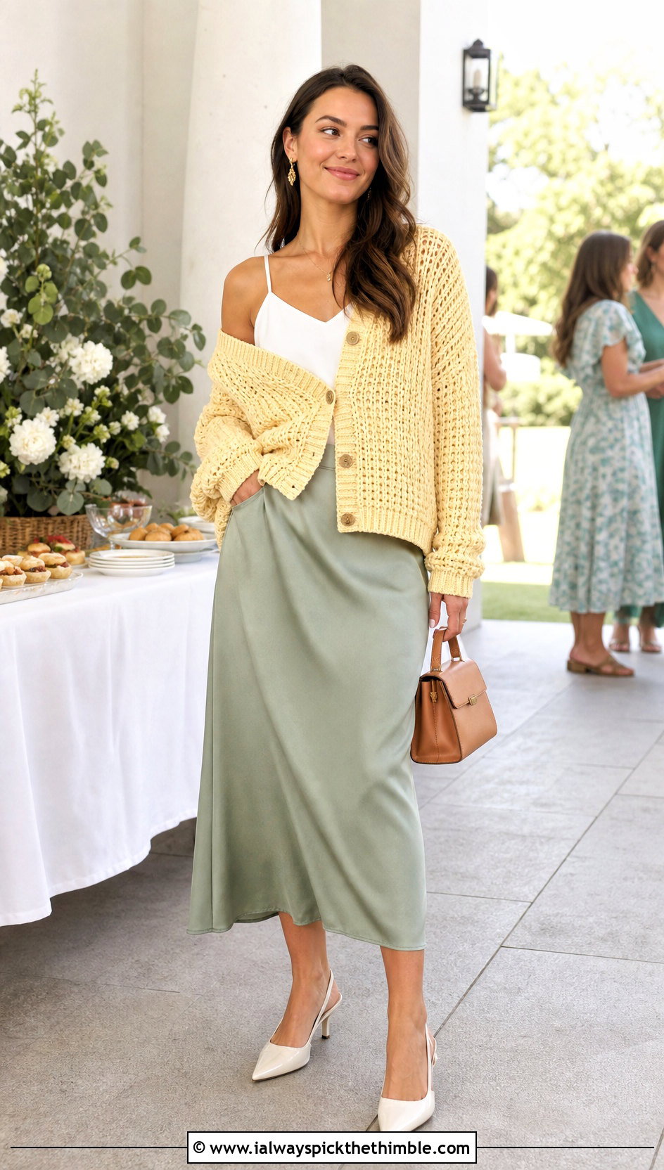 Button Front Slouchy Crochet Cardigan With A Satin Midi Skirt - 20 Slouchy Crochet Cardigan outfit ideas