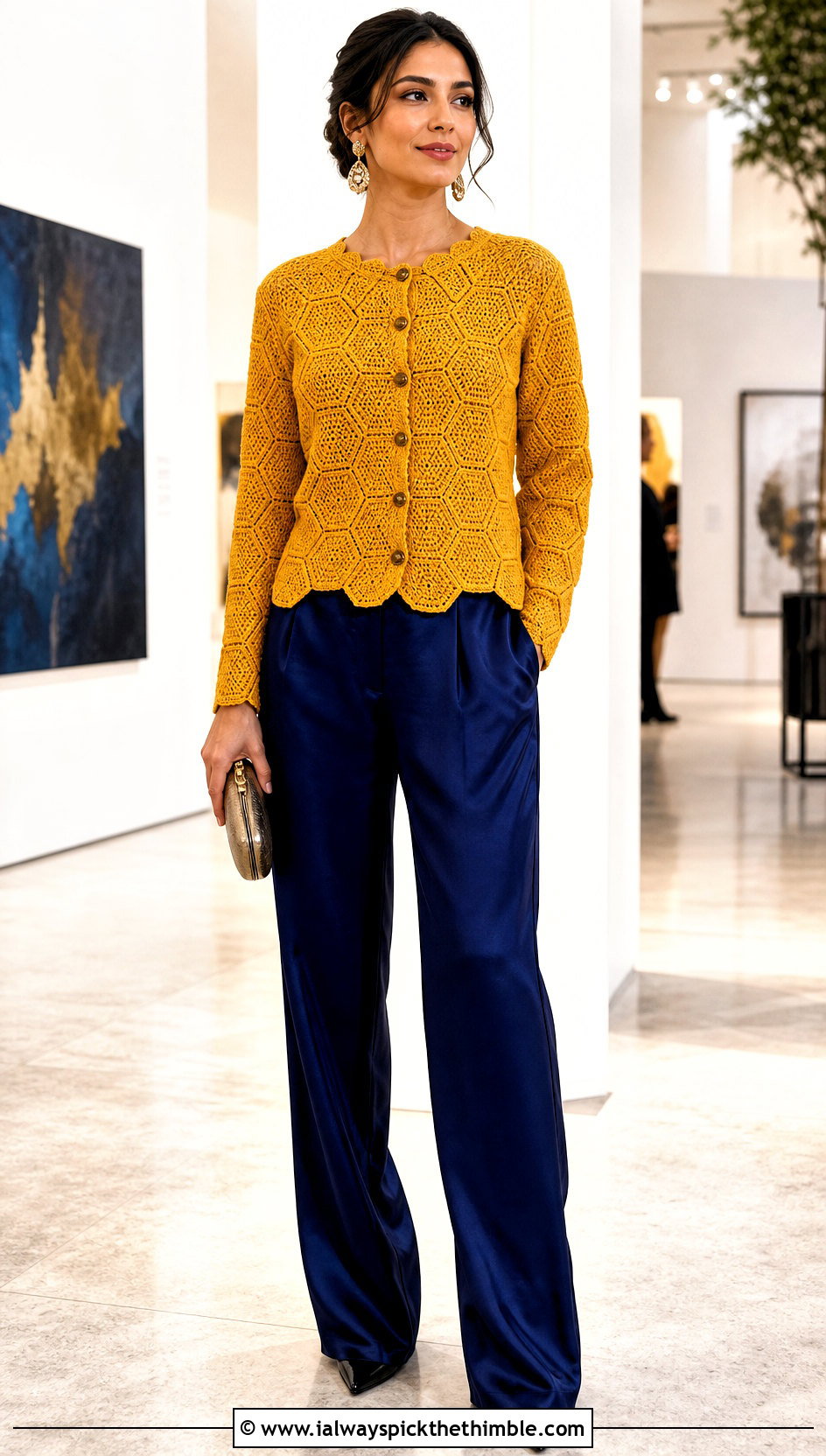 Button Front Solid Hexagon Cardigan With Satin Pants - 20 crochet solid hexagon cardigan outfit ideas