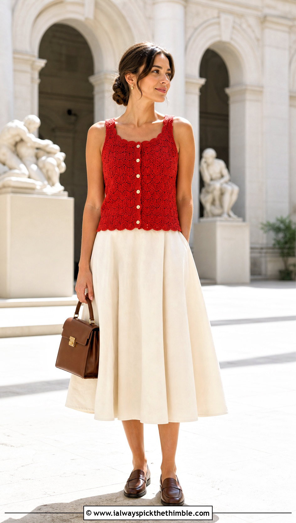 Button Front Solid Shell Stitch Crochet Tank Top With A Line Skirt - 15 solid shell stitch crochet tank top outfit ideas
