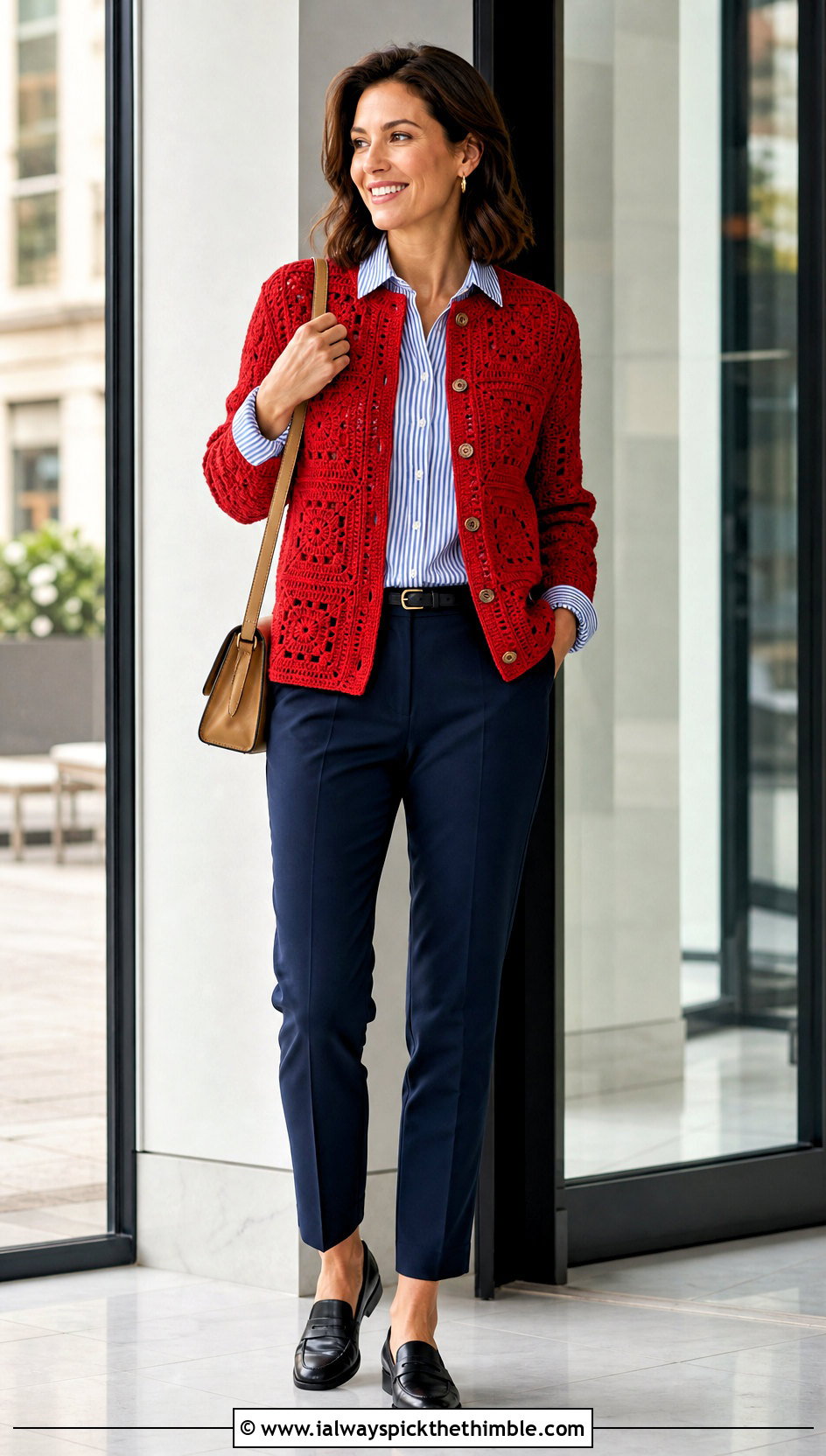 Button Front Square Jacket With Striped Shirt - 20 crochet square jacket outfit ideas