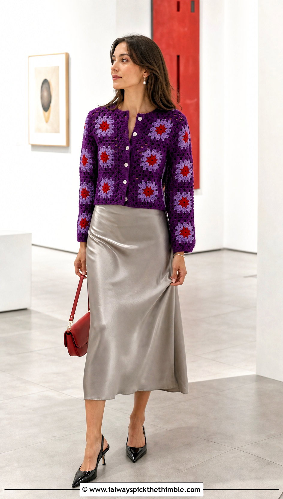 Button Front Sunburst Granny Square Cardigan With Satin Midi Skirt - 25 sunburst granny square cardigan outfit ideas