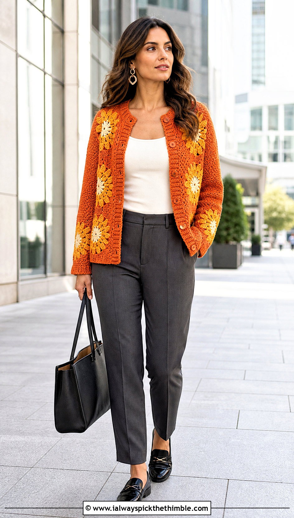 Button Front Sunflower Cardigan With Tailored Trousers - 25 crochet sunflower sweater outfit ideas