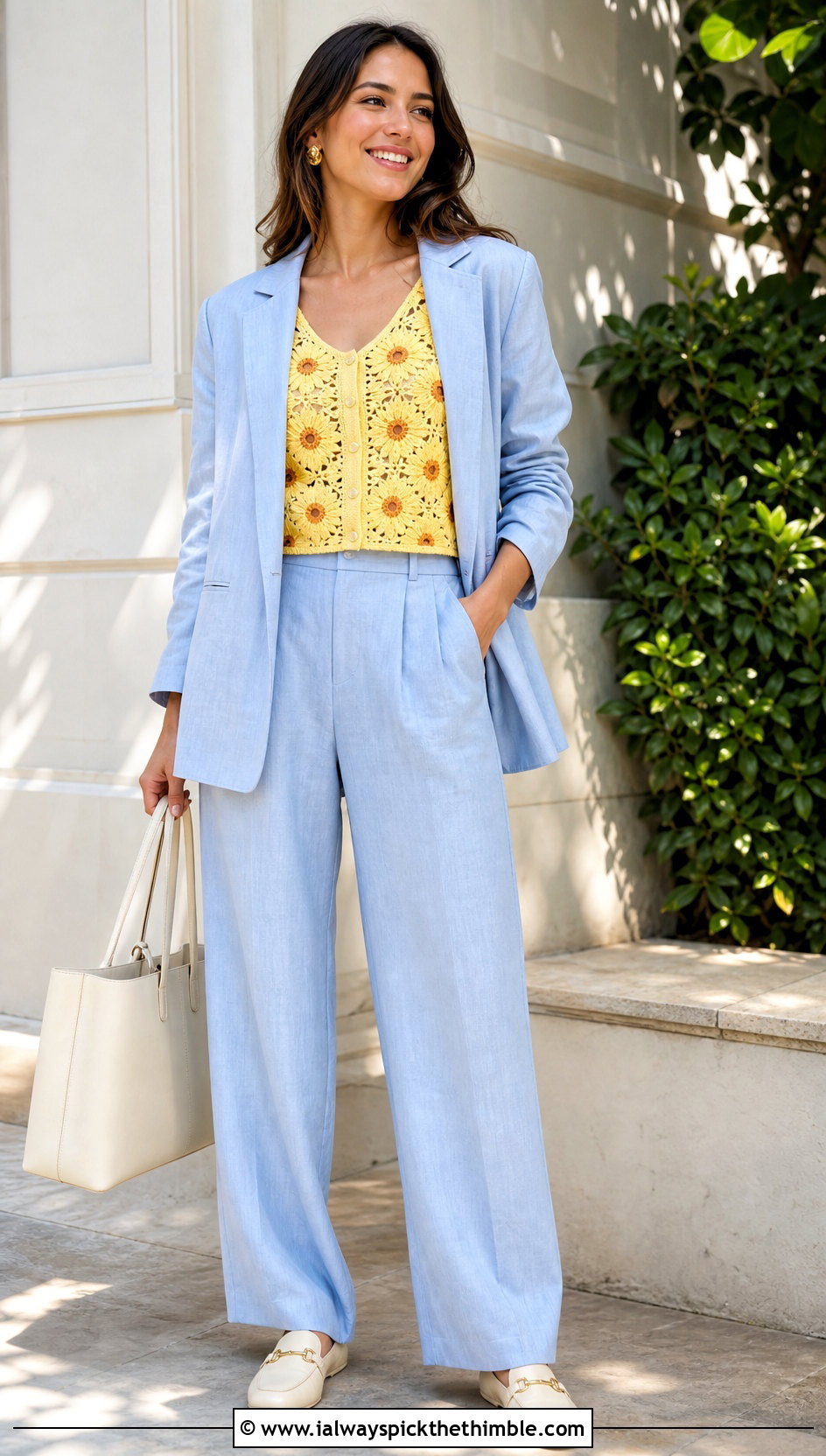 Button Front Sunflower Tank Top With Linen Suit - 15 crochet sunflower tank top outfit ideas