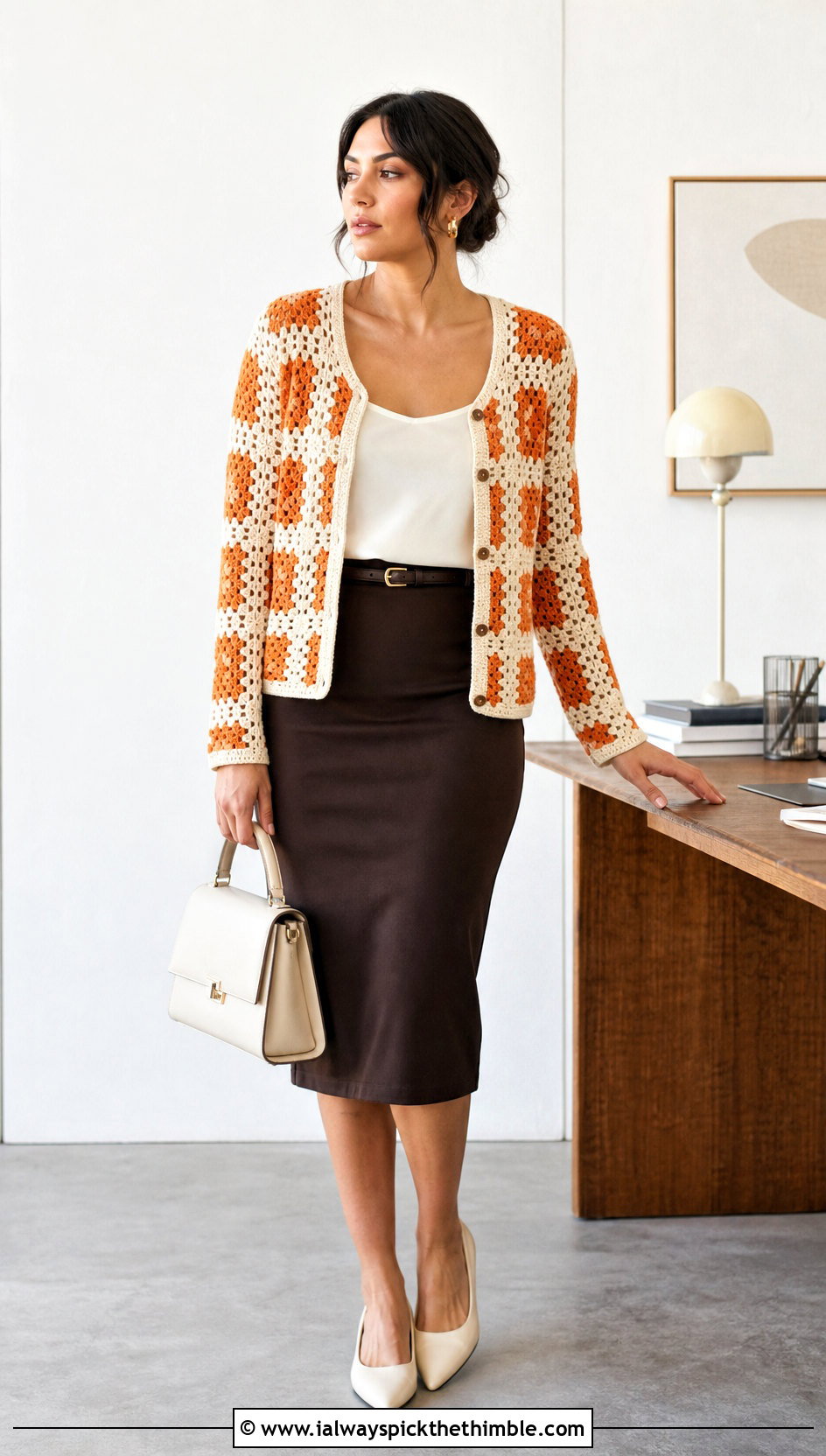 Button Front Two Color Granny Square Cardigan With Pencil Skirt - 20 Two Granny Square Cardigan outfit ideas