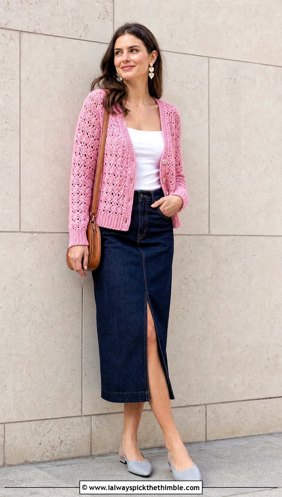 Button Front V Stitch Cardigan With Denim Midi Skirt - 20 Crochet V Stitch Cardigan outfit ideas