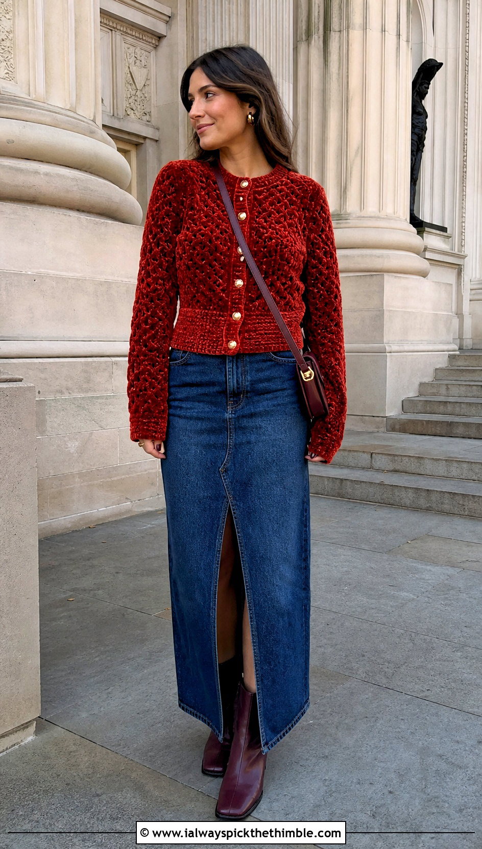 Button Front Velvet Crochet Sweater With Denim Maxi Skirt - 20 velvet crochet sweater outfit ideas