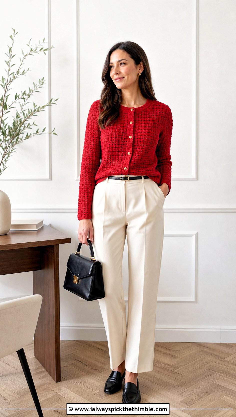 Button Front Waffle Stitch Crochet Cardigan With Pleated Pants - 20 crochet waffle stitch cardigan outfit ideas
