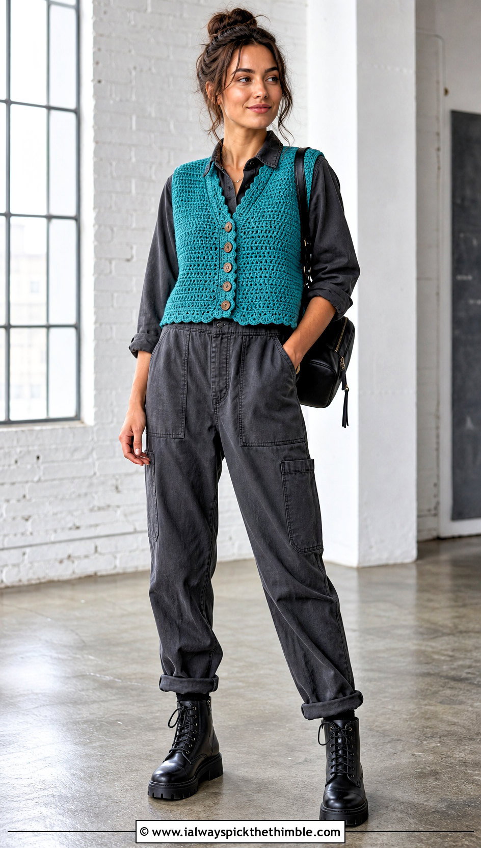 Button Front Wednesday Crochet Vest With Utility Jumpsuit - 20 wednesday crochet vest outfit ideas