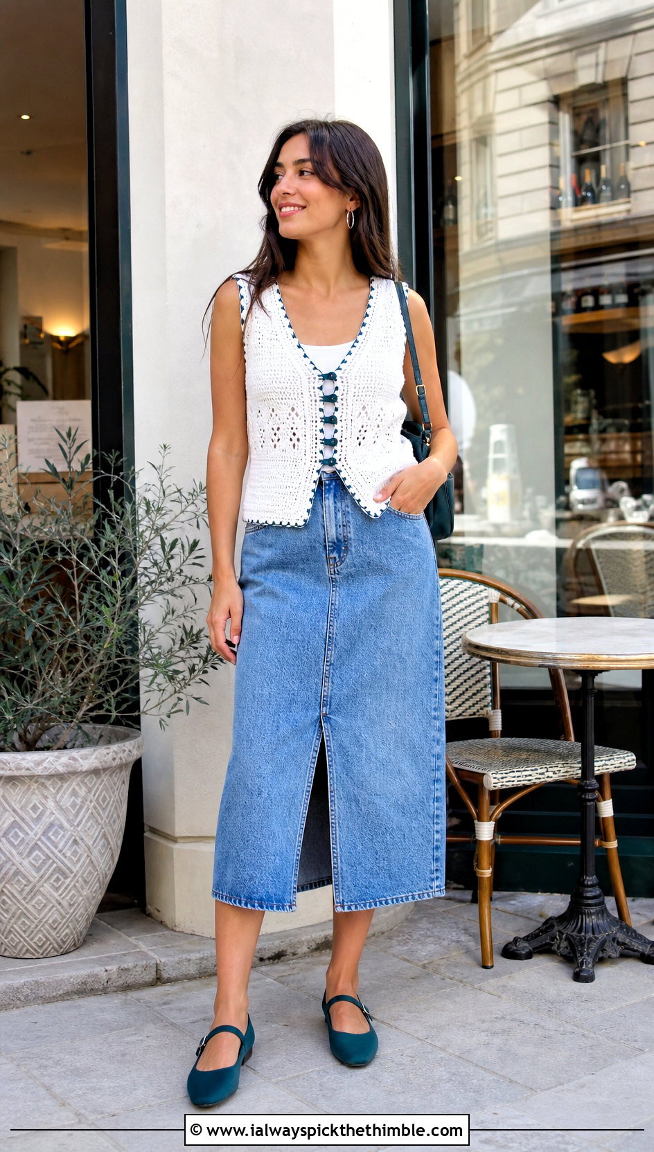Button Front White Crochet Vest With a Denim Midi Skirt - 25 white crochet vest outfit ideas