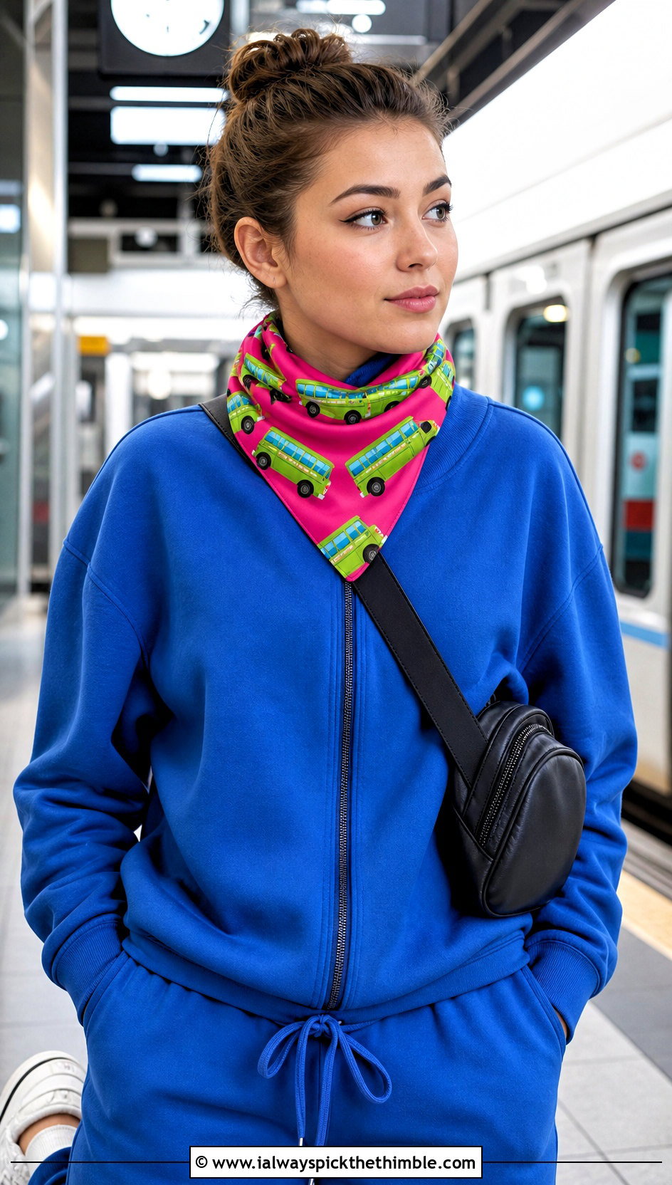 Button Loop School Bus Scarf With Athleisure Set - 20 Crochet School Bus Scarf outfit ideas