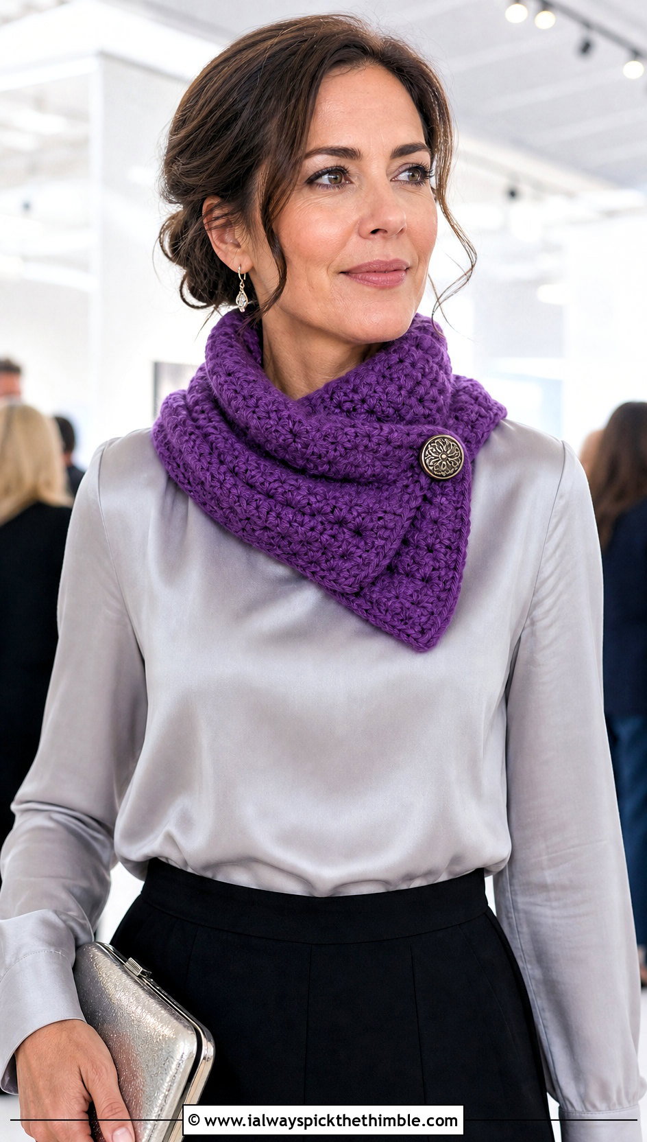 Button Loop Thick Crochet Scarf With Satin Blouse - 15 Thick Crochet Scarf outfit ideas