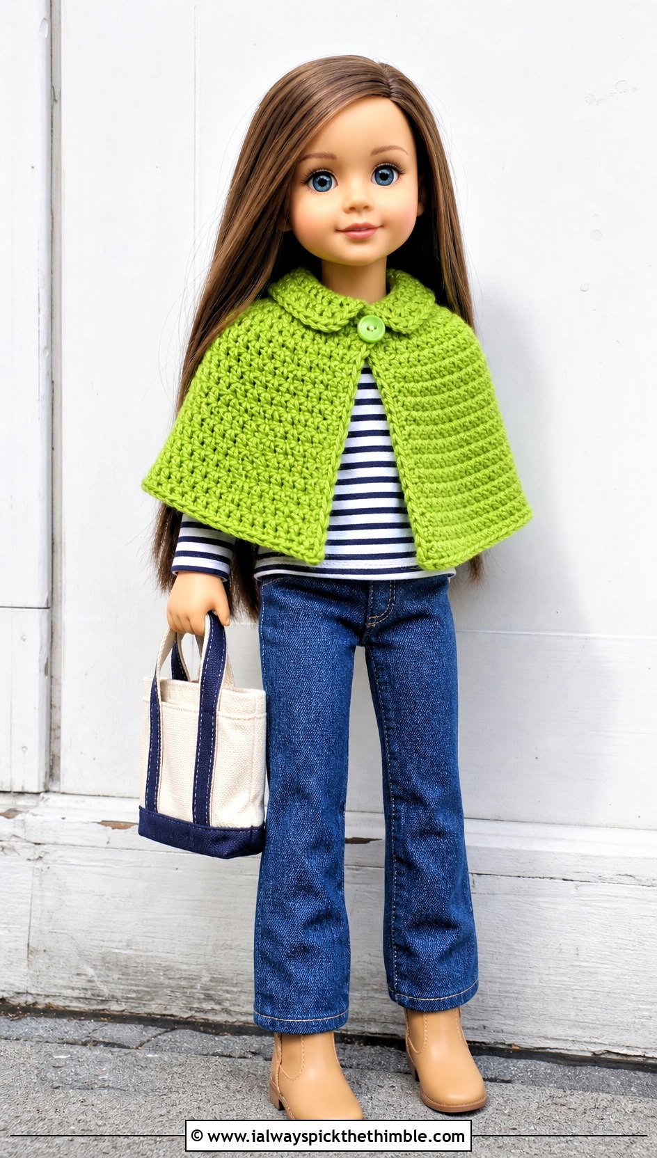Button Neck Crochet Doll Cape With Jeans - 20 Crochet Doll Cape outfit ideas