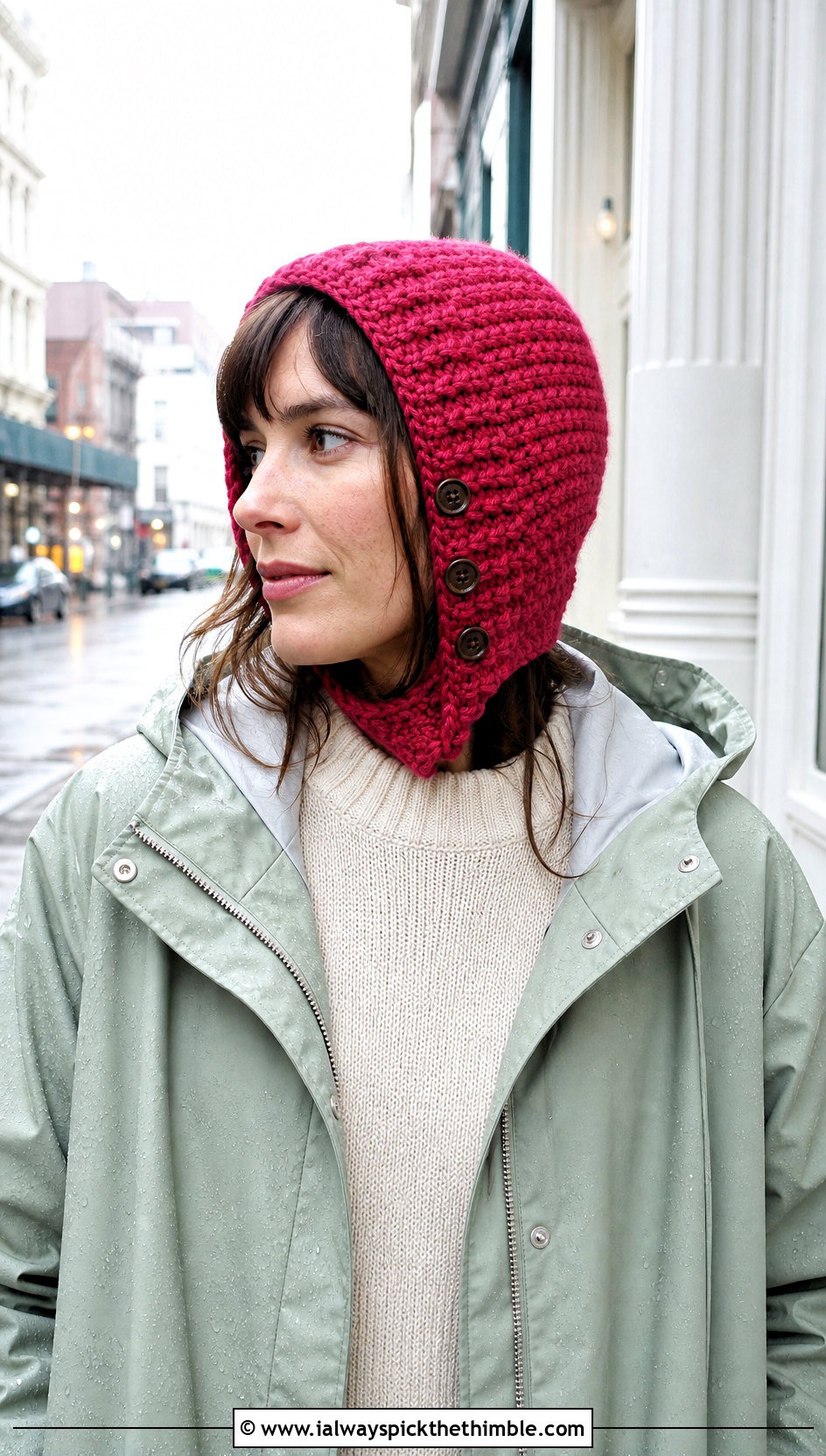 Button Neck Crochet Hood Hat With Raincoat - 20 crochet hood hat outfit ideas