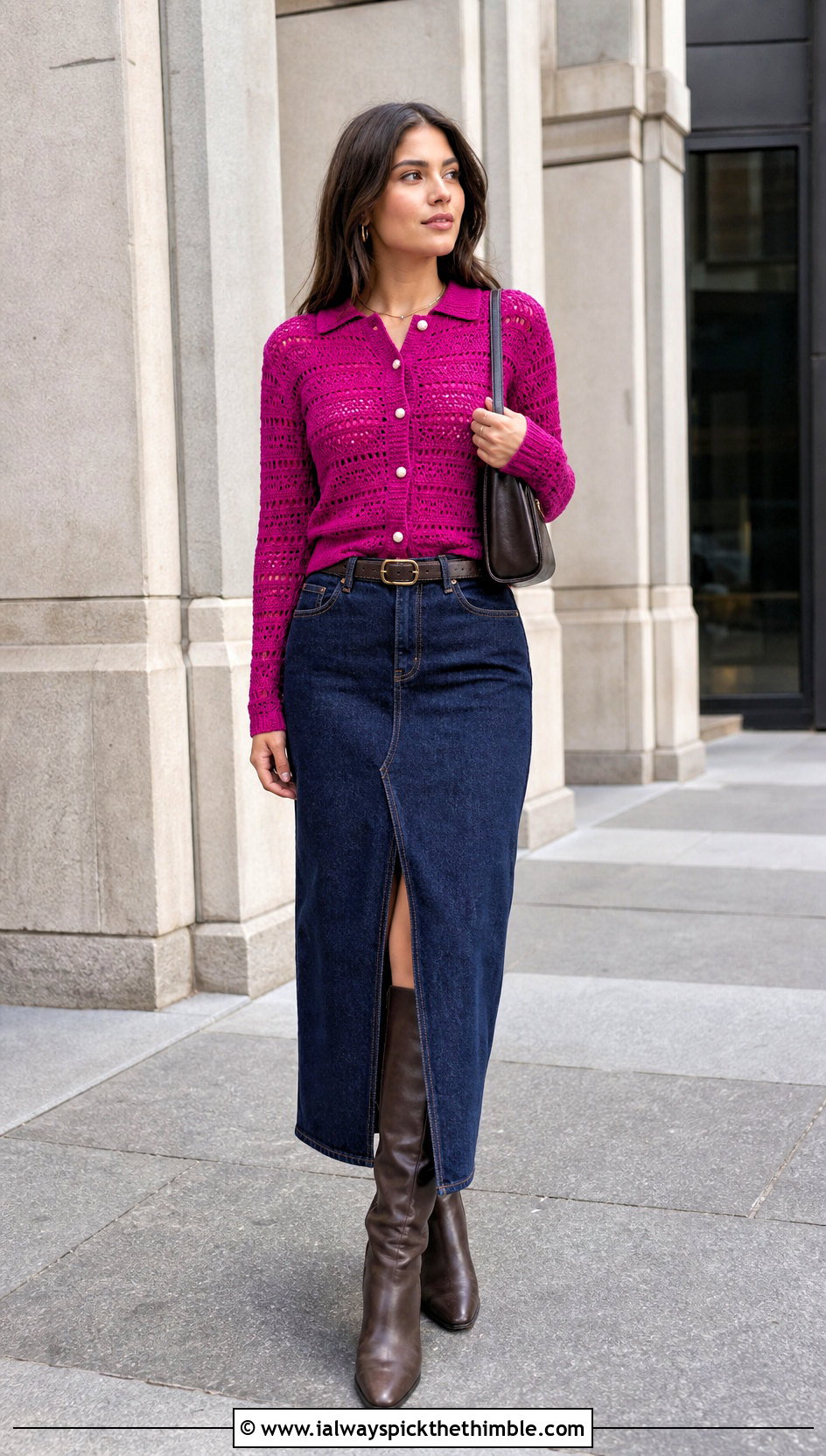 Button Placket Crochet Collared Sweater With Denim Maxi Skirt - 20 Crochet Collared Sweater outfit ideas