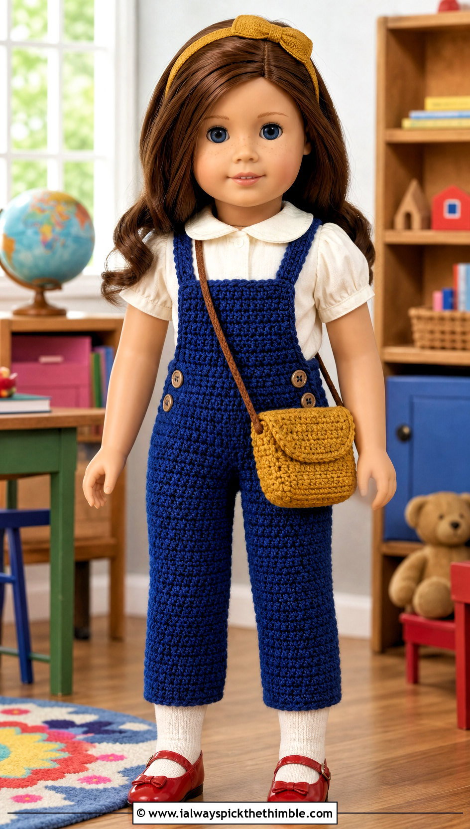 Button Side Crochet Doll Overalls With Peter Pan Collar Shirt - 20 crochet doll overalls outfit ideas