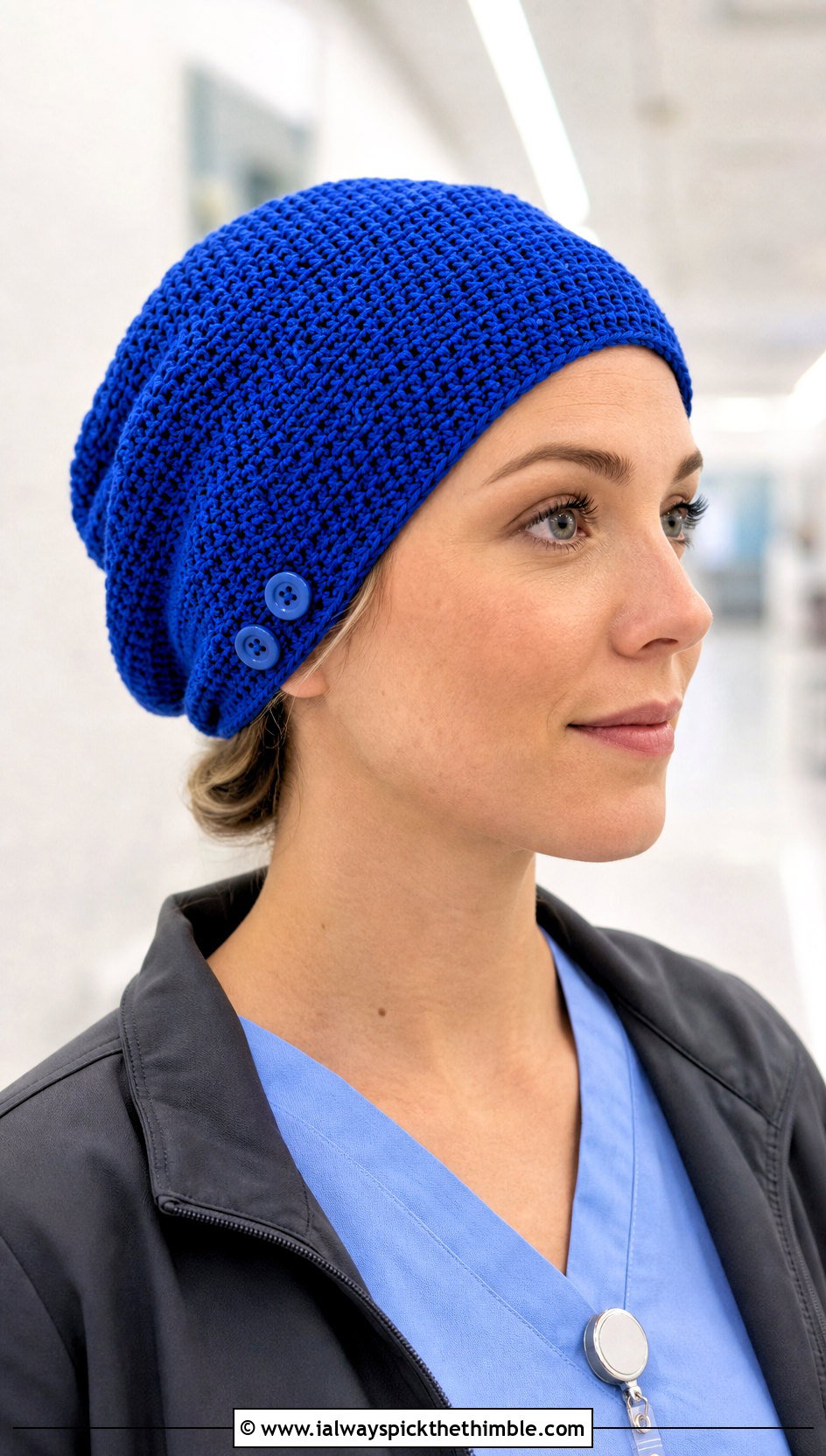 Button Side Crochet Scrub Cap With Contrast Scrubs - 20 Crochet Scrub Cap outfit ideas