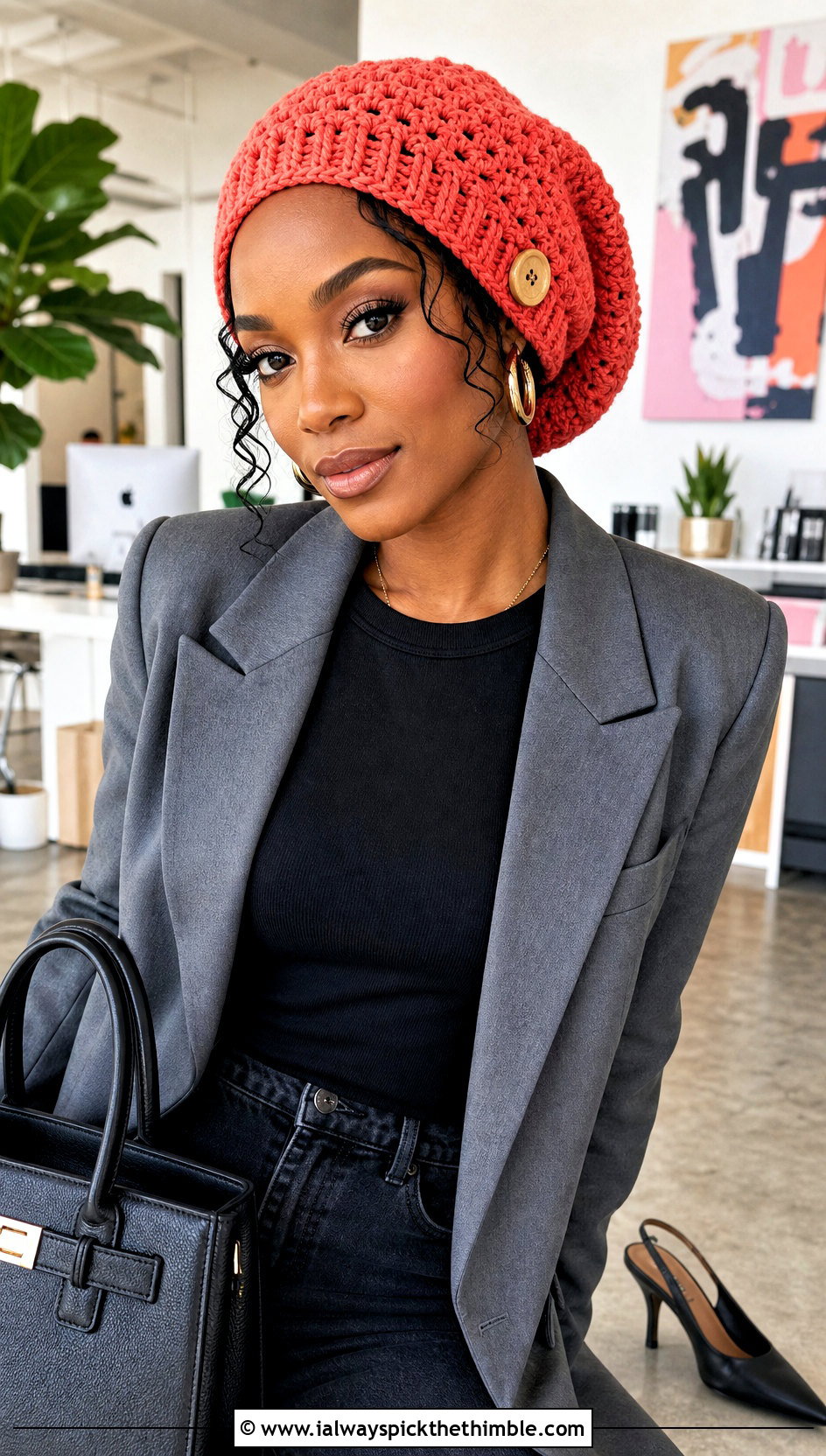 Button Strap Crochet Hair Bonnet With Blazer And Jeans - 20 Crochet Hair Bonnet outfit ideas