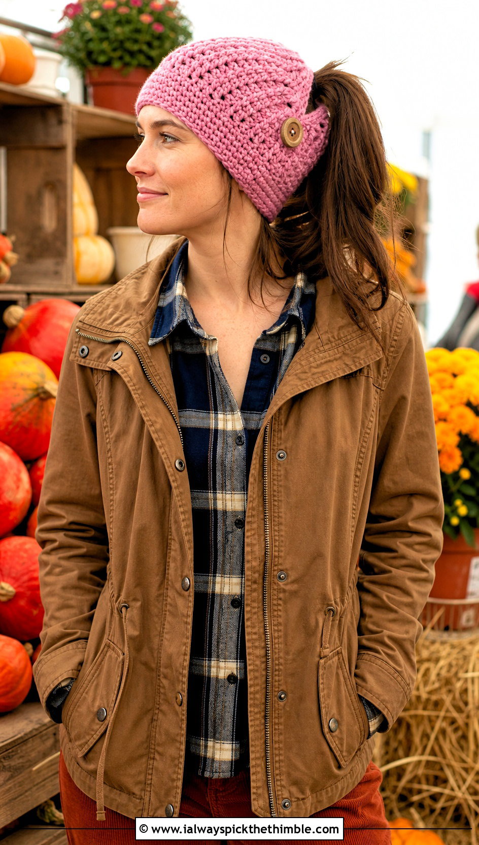Button Tab Crochet Bun Hat With Flannel Shirt And Corduroy Pants - 15 Crochet Bun Hats outfit ideas