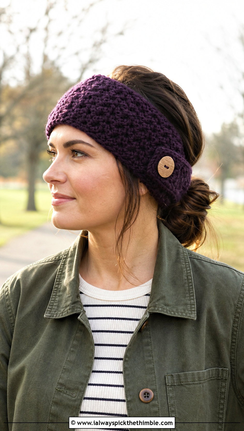 Button Tab Crochet Ear Warmer With Chore Jacket - 15 Quick And Easy Crochet Ear Warmers outfit ideas