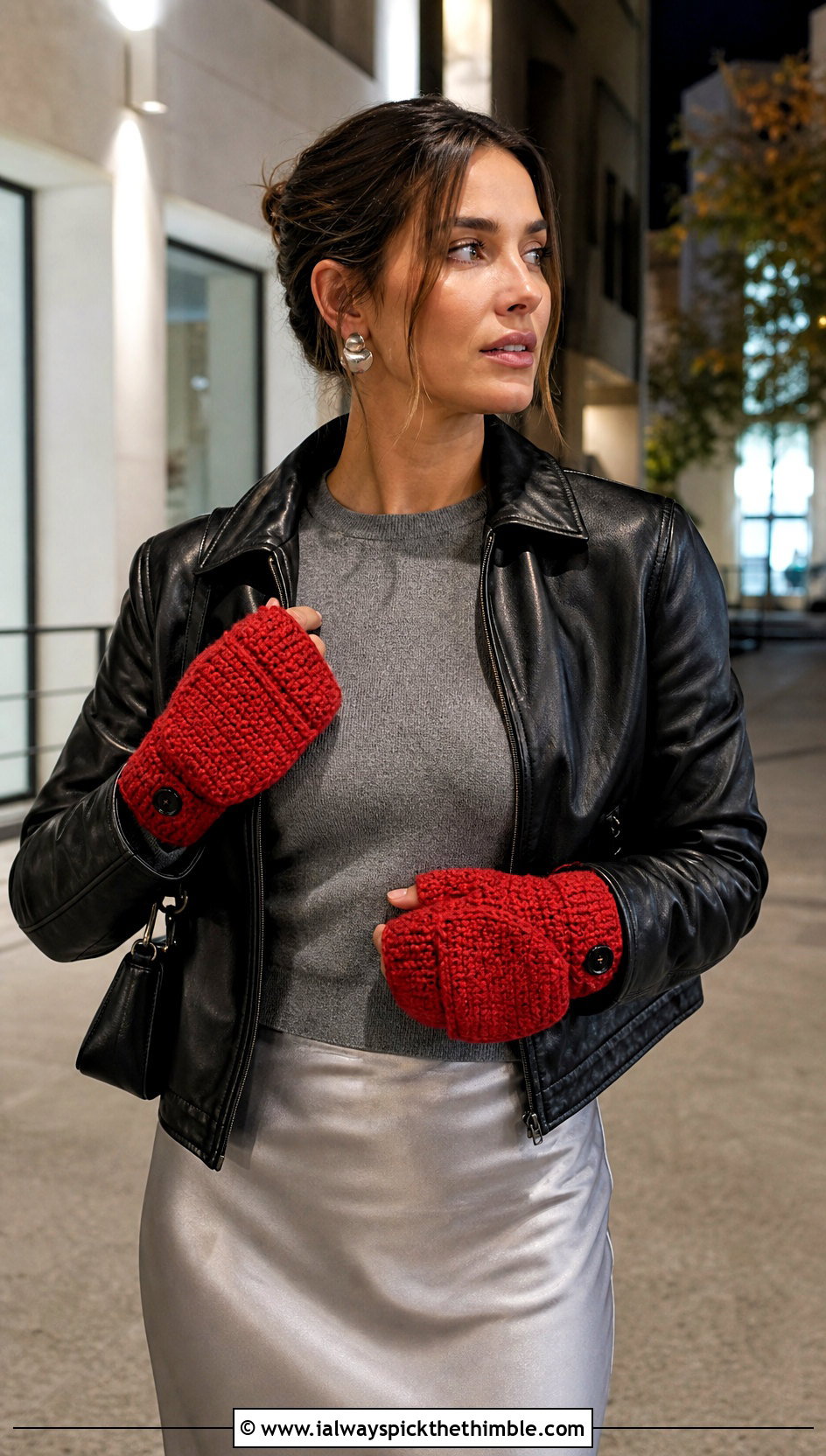 Button Tab Flip Mittens With Leather Jacket And Slip Skirt - 20 Crochet Convertible Mittens outfit ideas