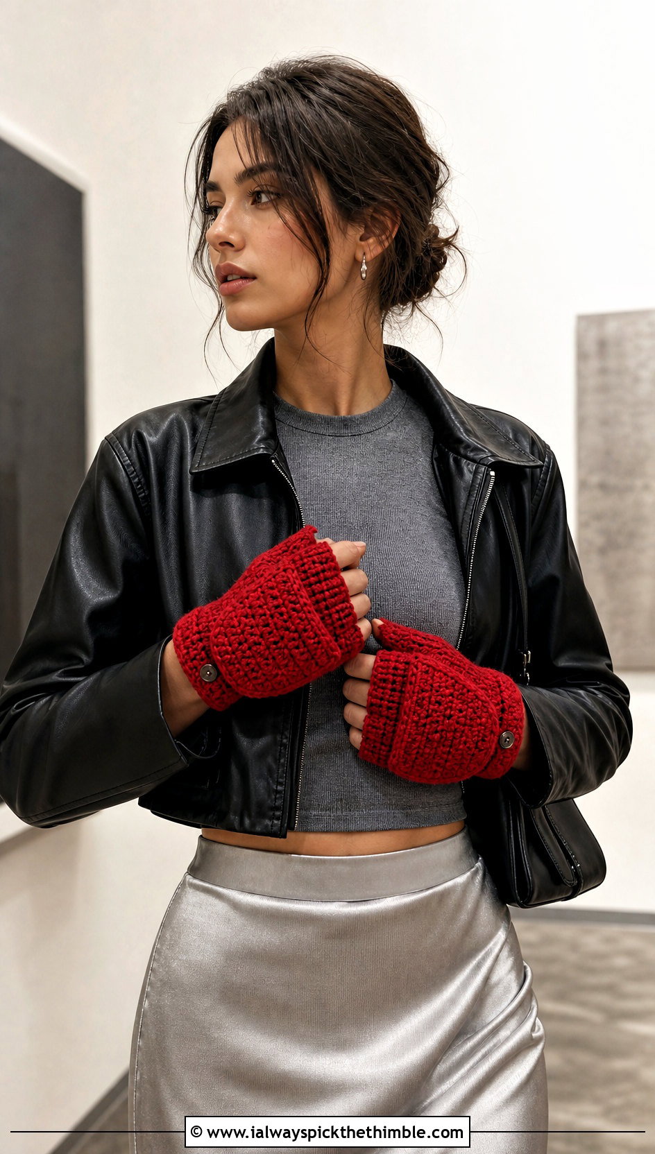 Button Tab Flip Mitts With Leather Jacket and Slip Skirt - 20 Convertible Crochet Gloves outfit ideas